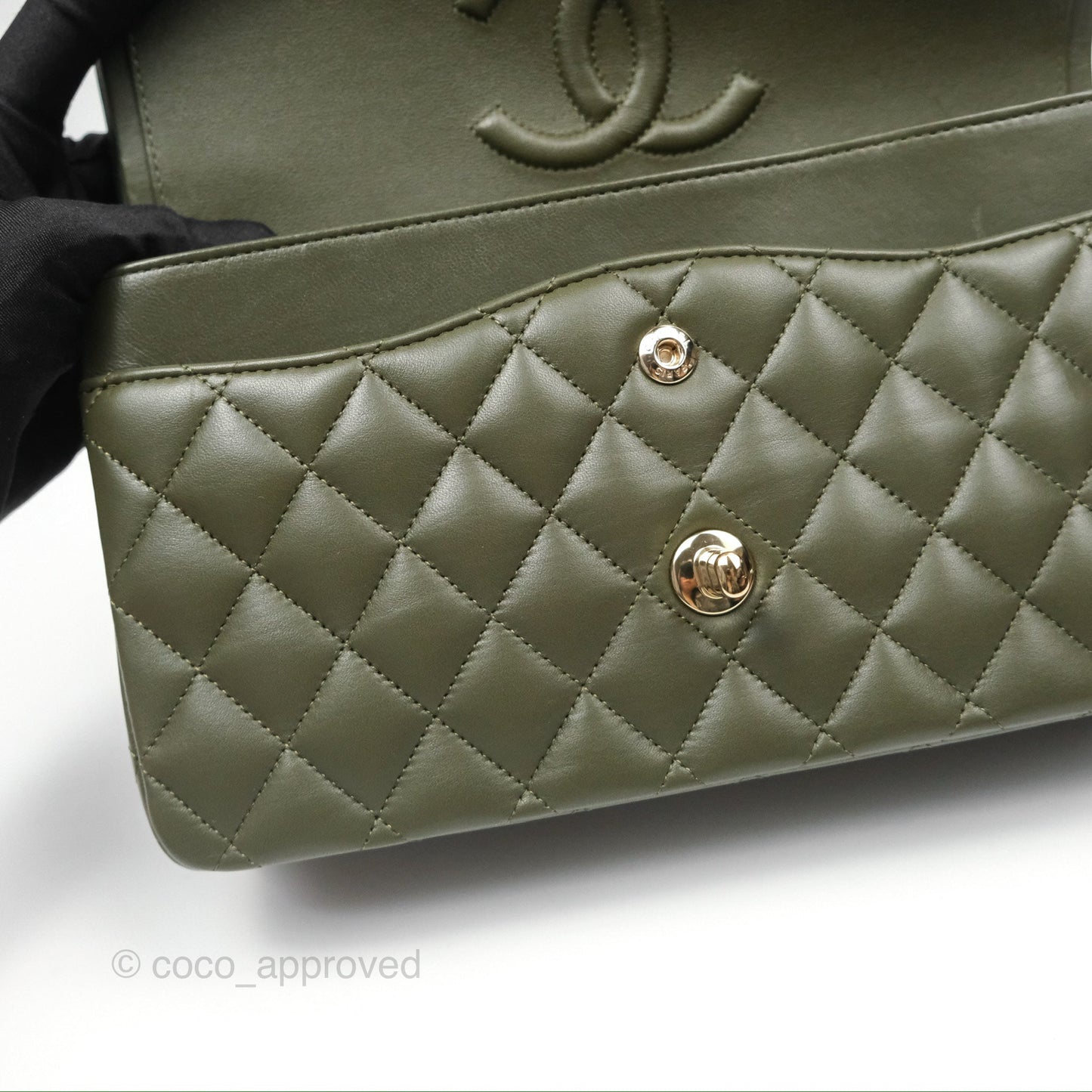 Chanel Classic M/L Medium Flap Quilted Lambskin Army Green Gold Hardware