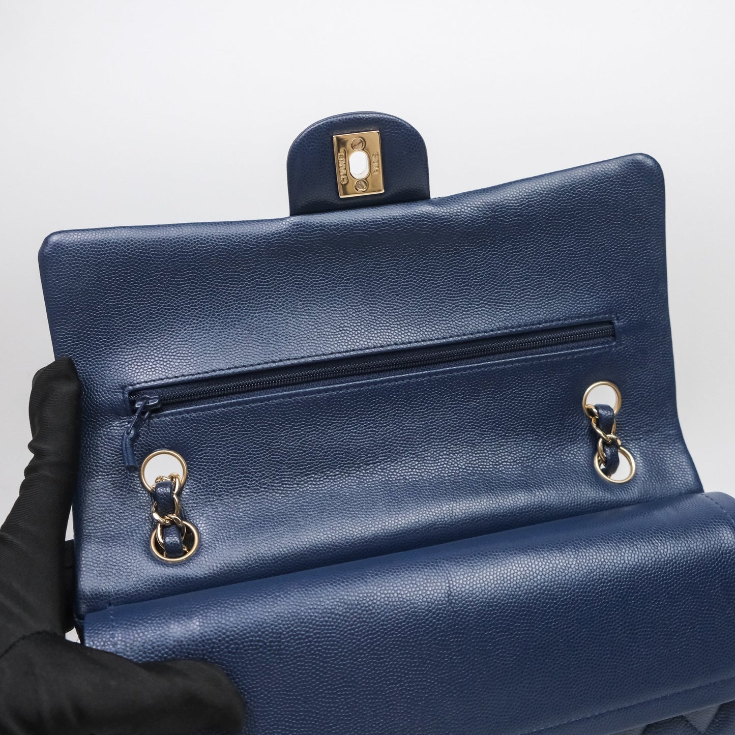 Chanel Medium Classic Flap Quilted Dark Blue Caviar Gold Hardware
