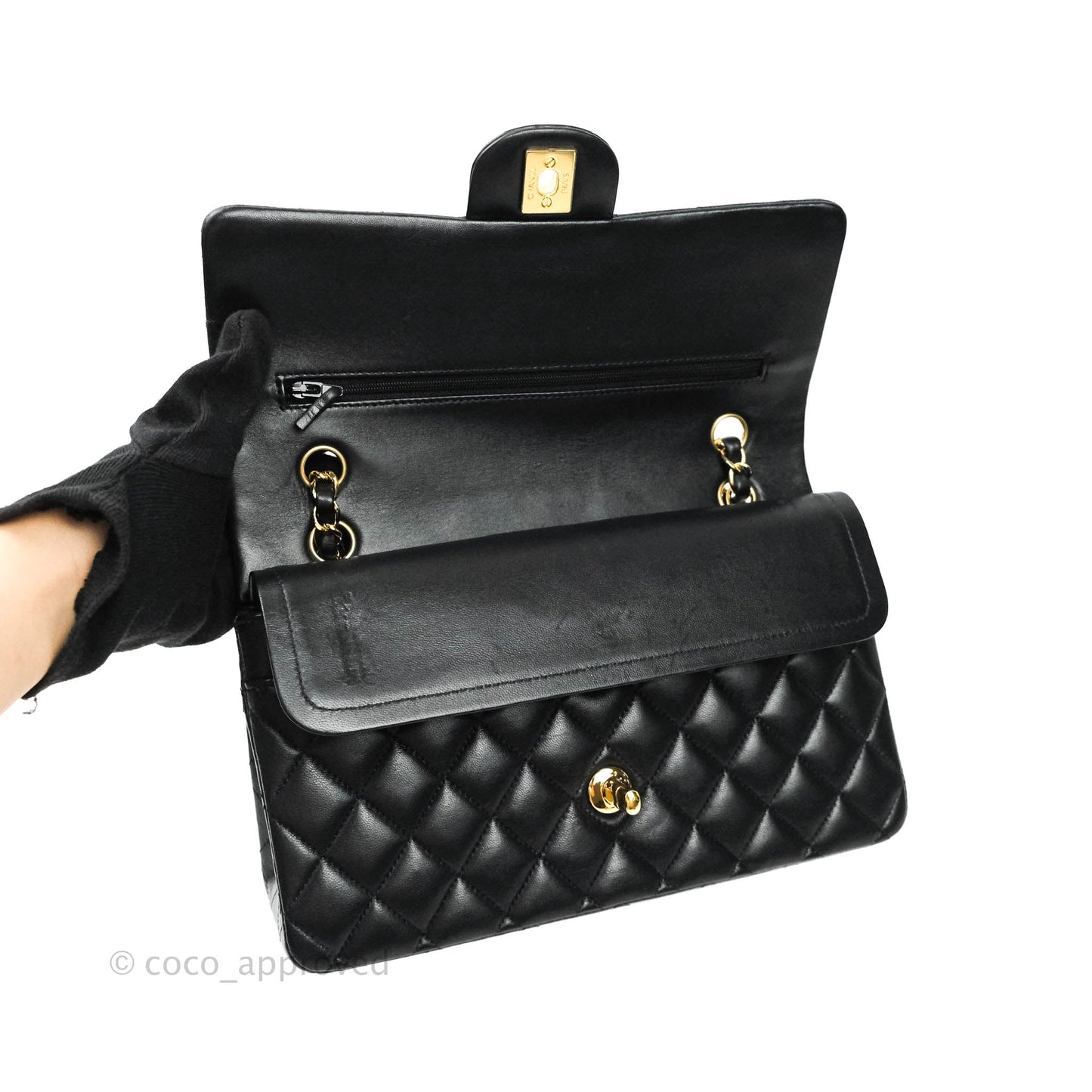 Chanel Classic M/L Medium Double Flap Black Lambskin Gold Hardware