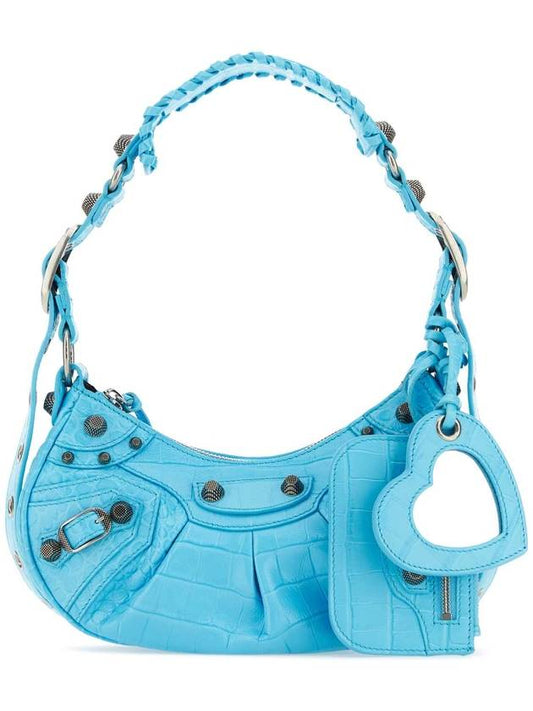 Luxury Balenciaga Le Cagole XS  Crocodile Embossed Shoulder Bag Blue Sky