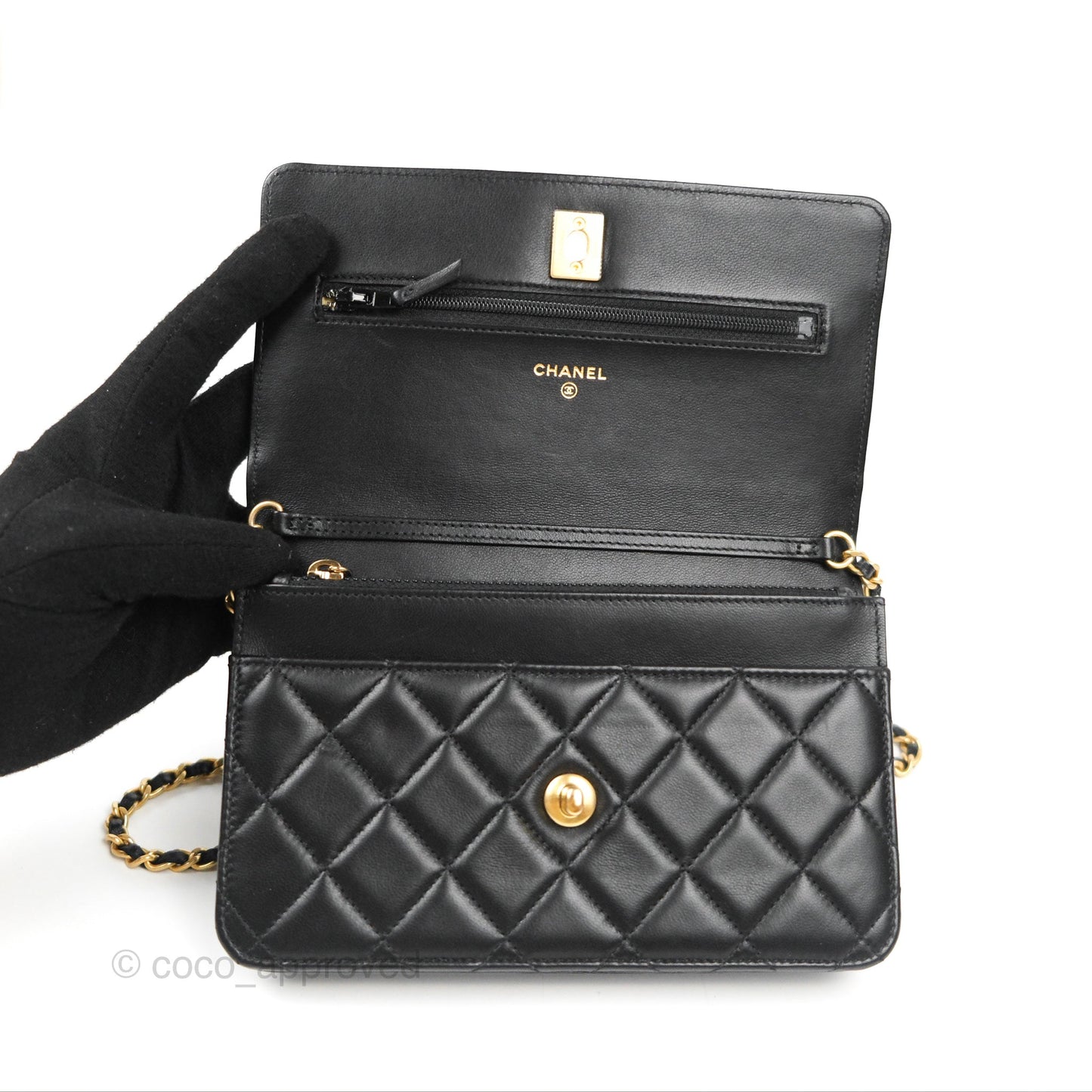 Chanel Quilted Pearl Crush Wallet on Chain WOC Black Lambskin Aged Gold Hardware