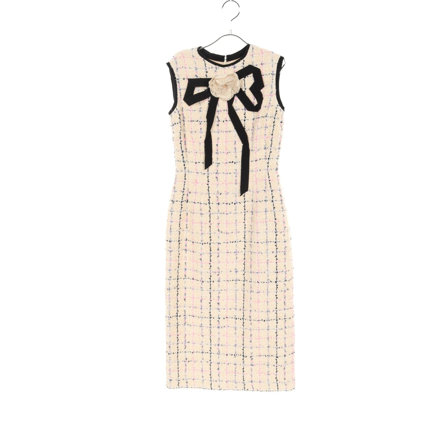 Luxury Gucci Trending 2025 Tweed One piece No sleeve Cotton Nylon Ivory Black Pink Ribbon With corsage