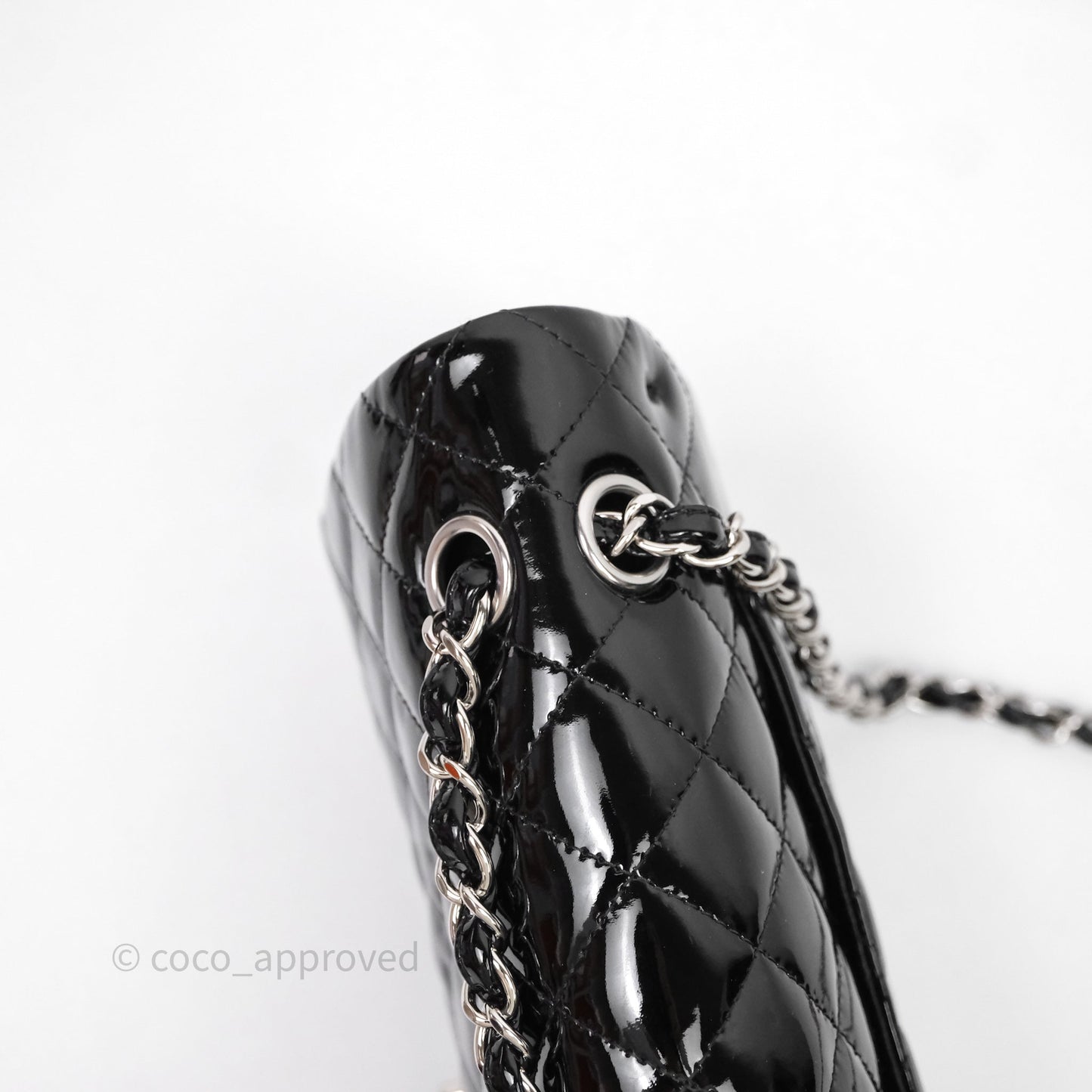Chanel Medium Classic Flap Quilted Black Patent Silver Hardware