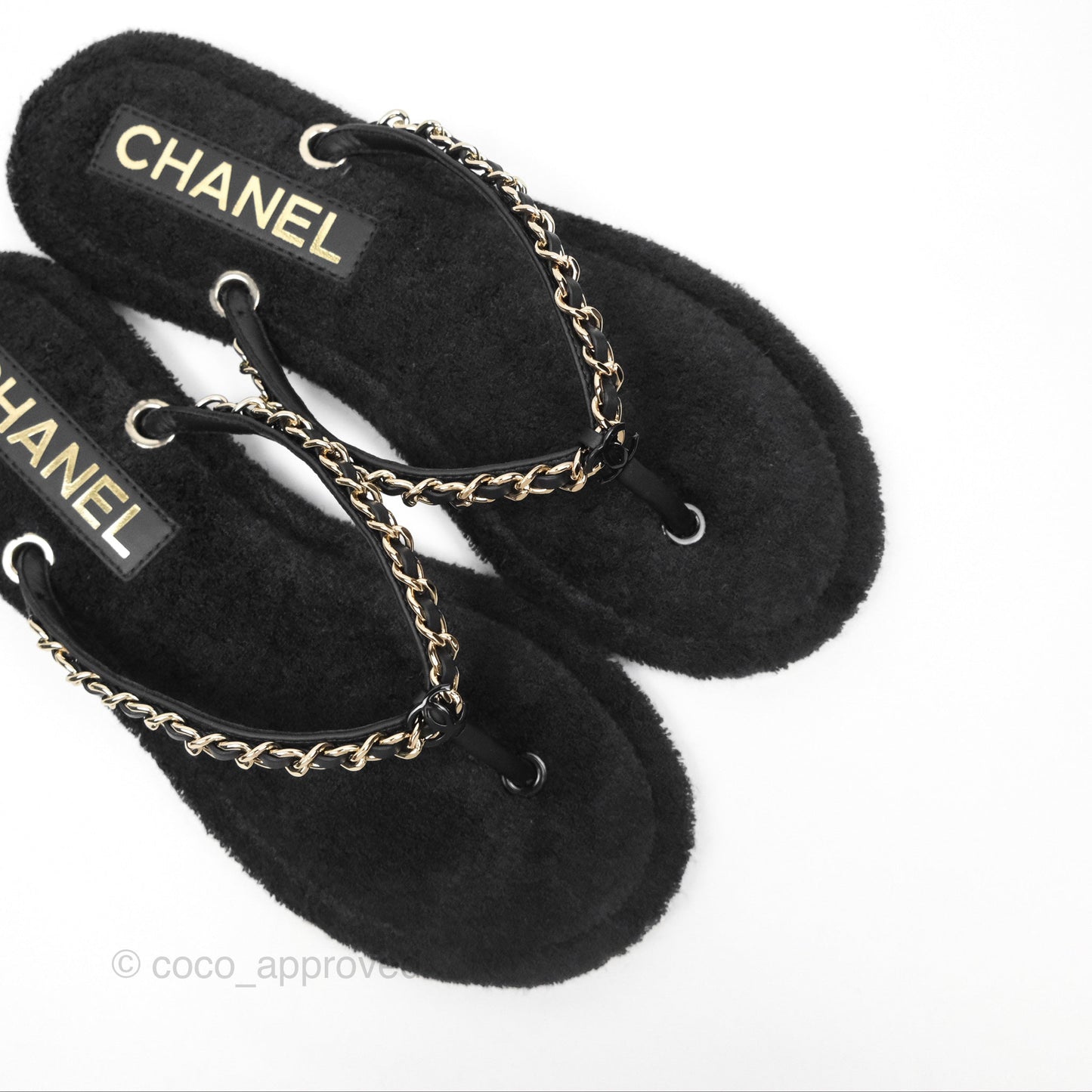 Chanel Chain Terry Slide Thong Sandals Black Size 39