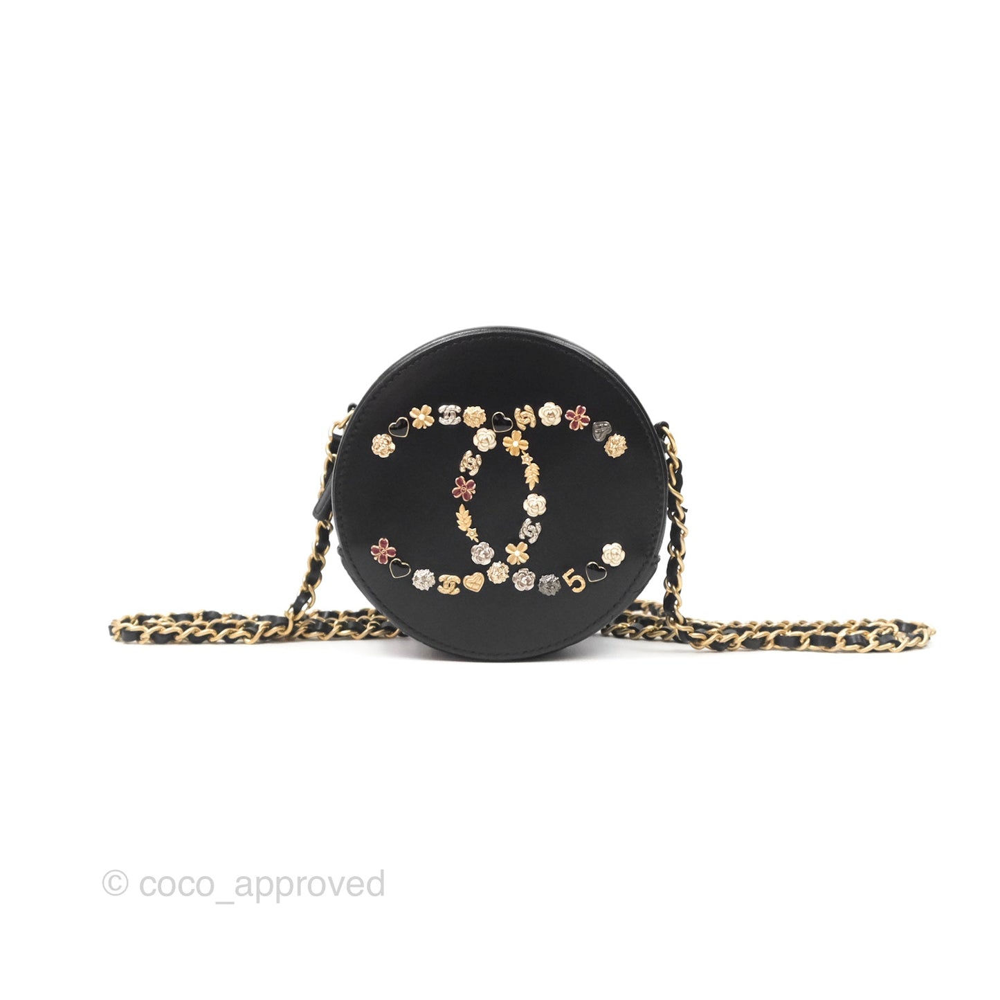 Chanel Studded CC Round Clutch With Chain Black Lambskin Gold Hardware