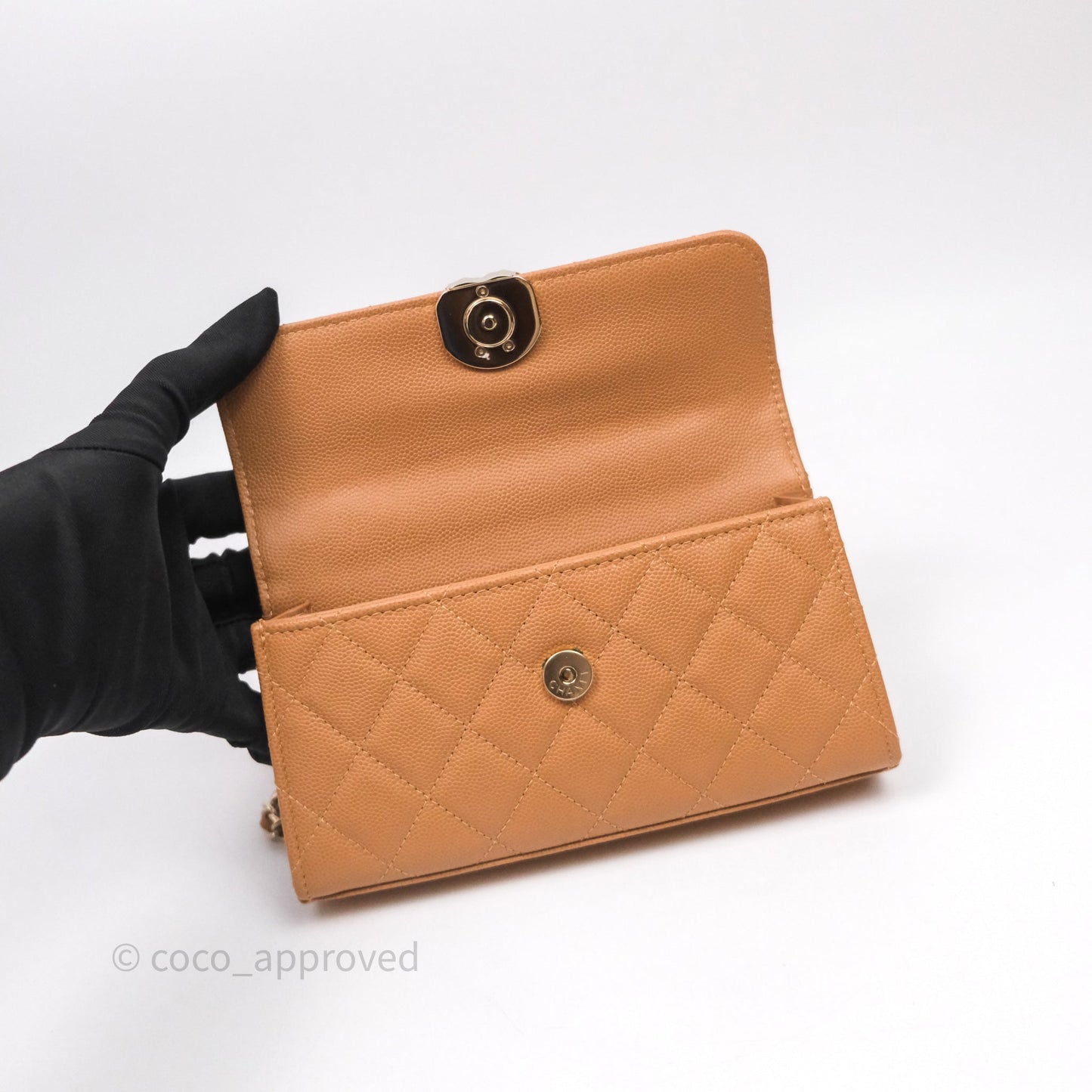 Chanel Kelly Clutch Top Handle Dark Beige Caviar Bag Light Gold hardware