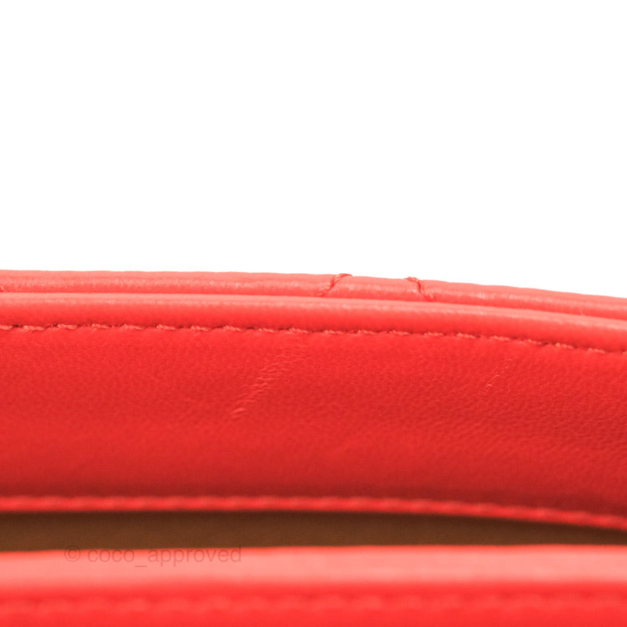 Chanel Top Handle Flap Bag Red Lambskin Aged Gold Hardware