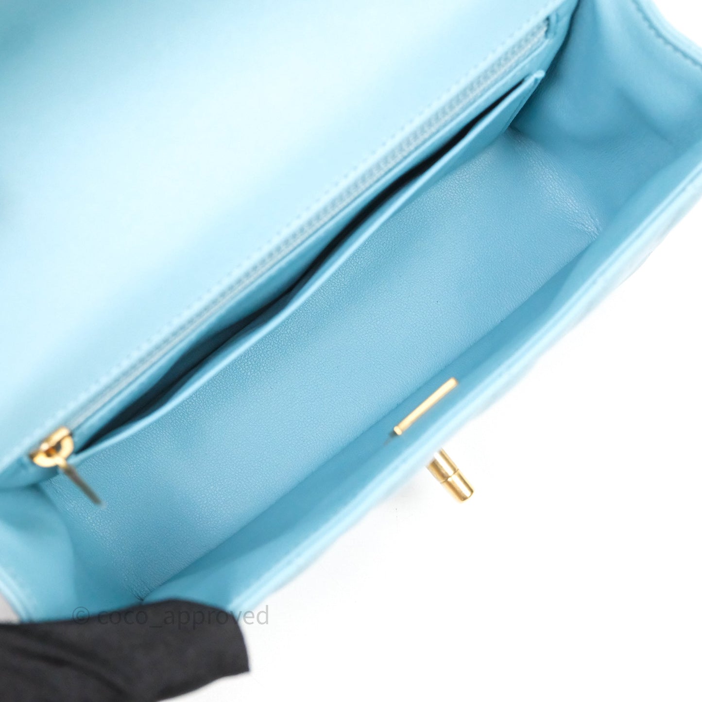 Chanel Flap Bag with Crystal Logo Top Handle Tiffany Blue Lambskin Aged Gold Hardware