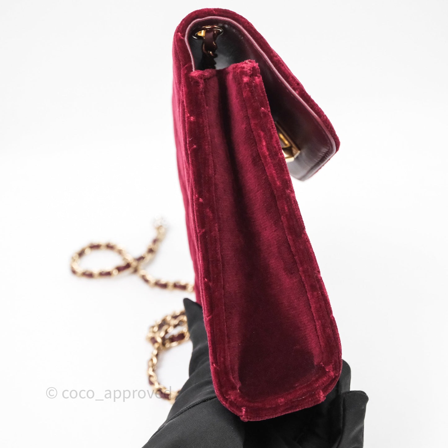 Chanel Quilted Phone Holder Crystals Pearl Crush Red Velvet Gold Hardware