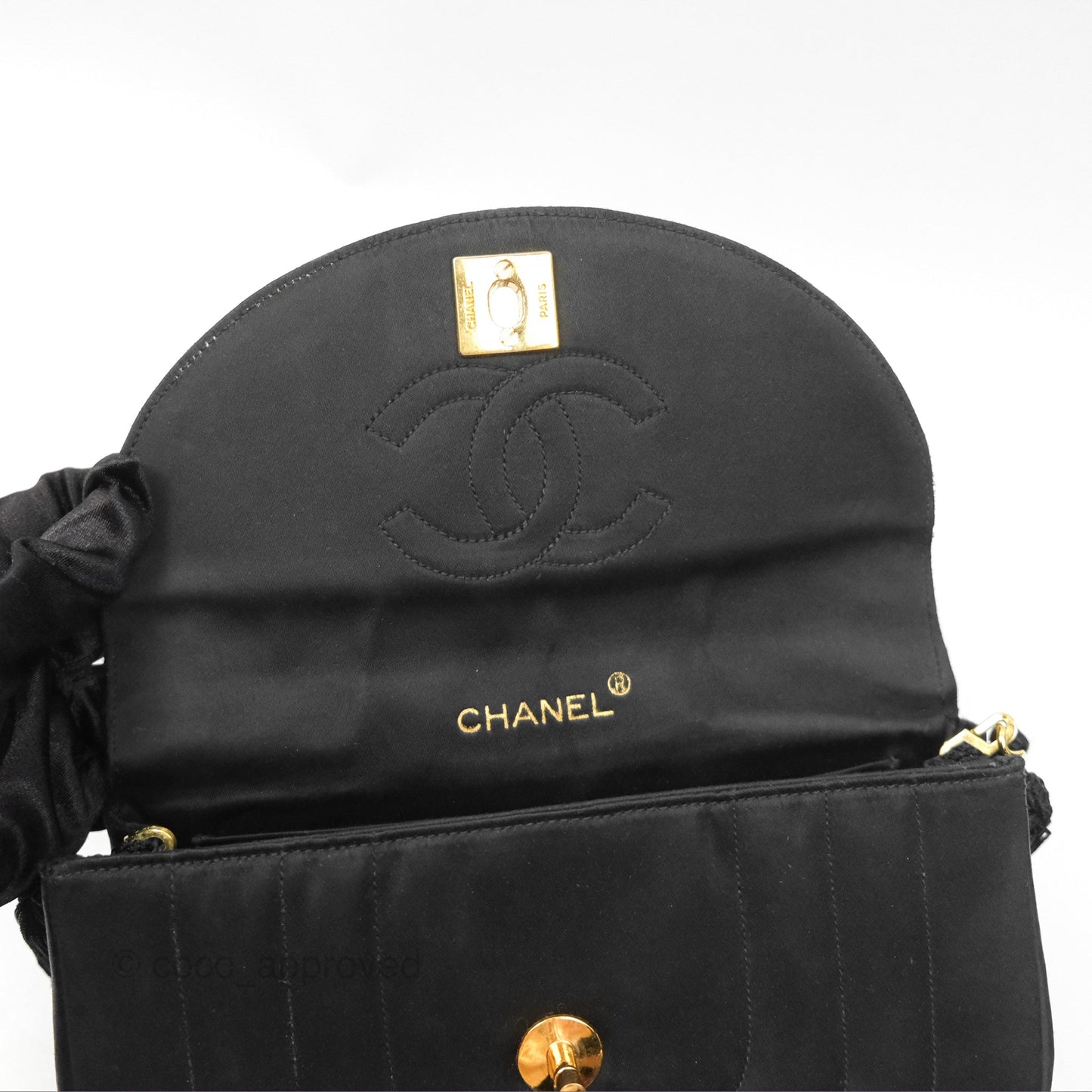 Chanel Vintage Half Moon Tassel Flap Black Satin 24K Gold Hardware