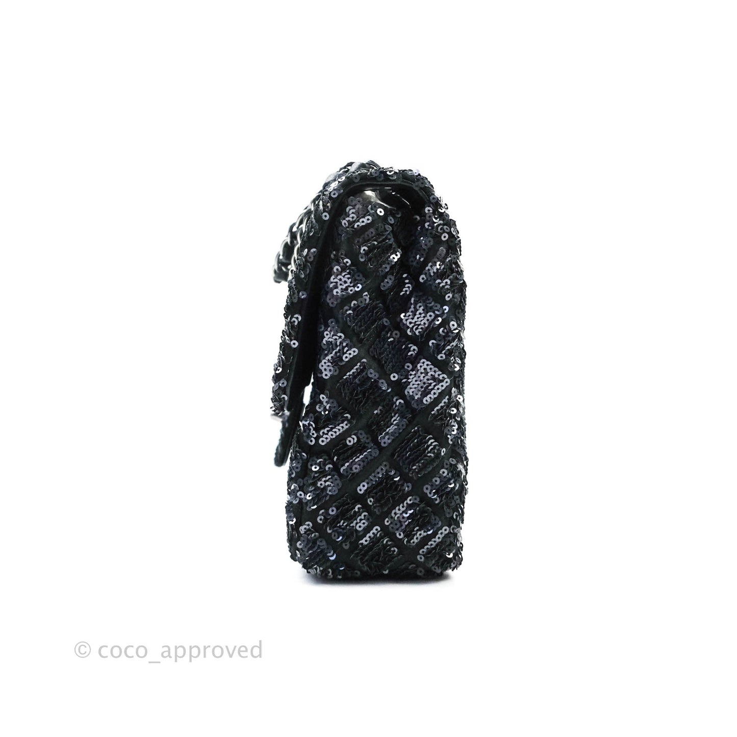 Chanel Quilted Medium Satin Sequin Single Flap Navy Black Gun Metal