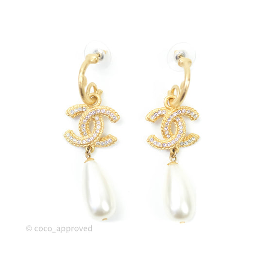 Chanel CC Crystal Pearl Drop Crystal Earrings Matte Gold Tone 20P