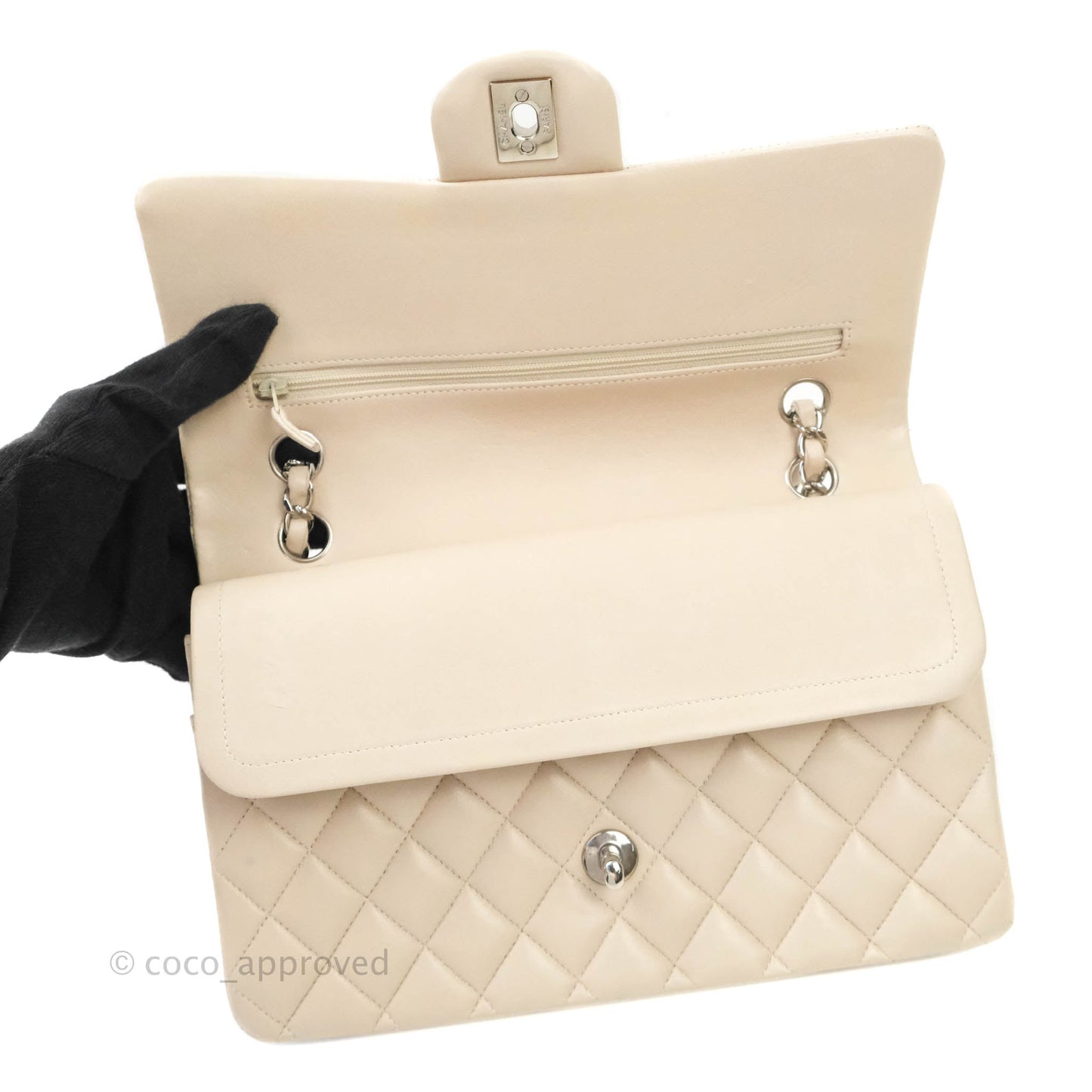 Chanel Classic M/L Medium Double Flap Cream Lambskin Silver Hardware