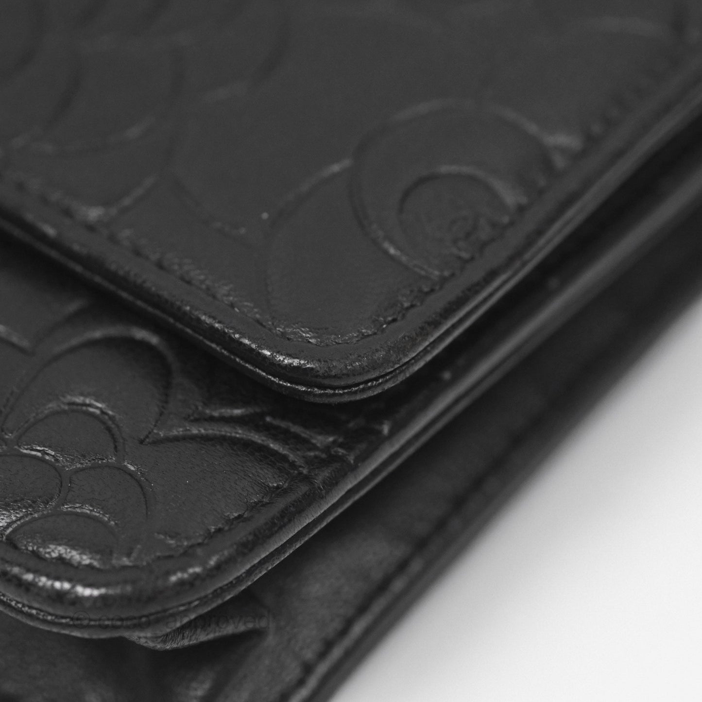 Chanel Camellia Embossed Wallet on Chain WOC Black Lambskin Silver Hardware