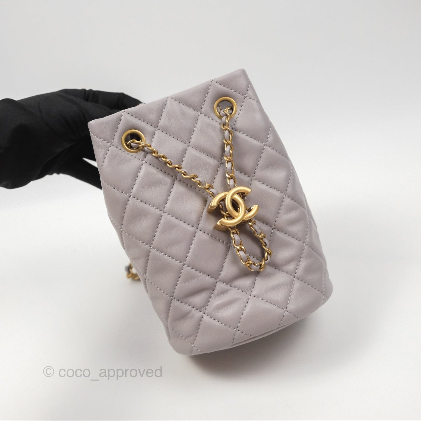 Chanel Pearl Crush Drawstring Bucket Bag Grey Lambskin Aged Gold Hardware