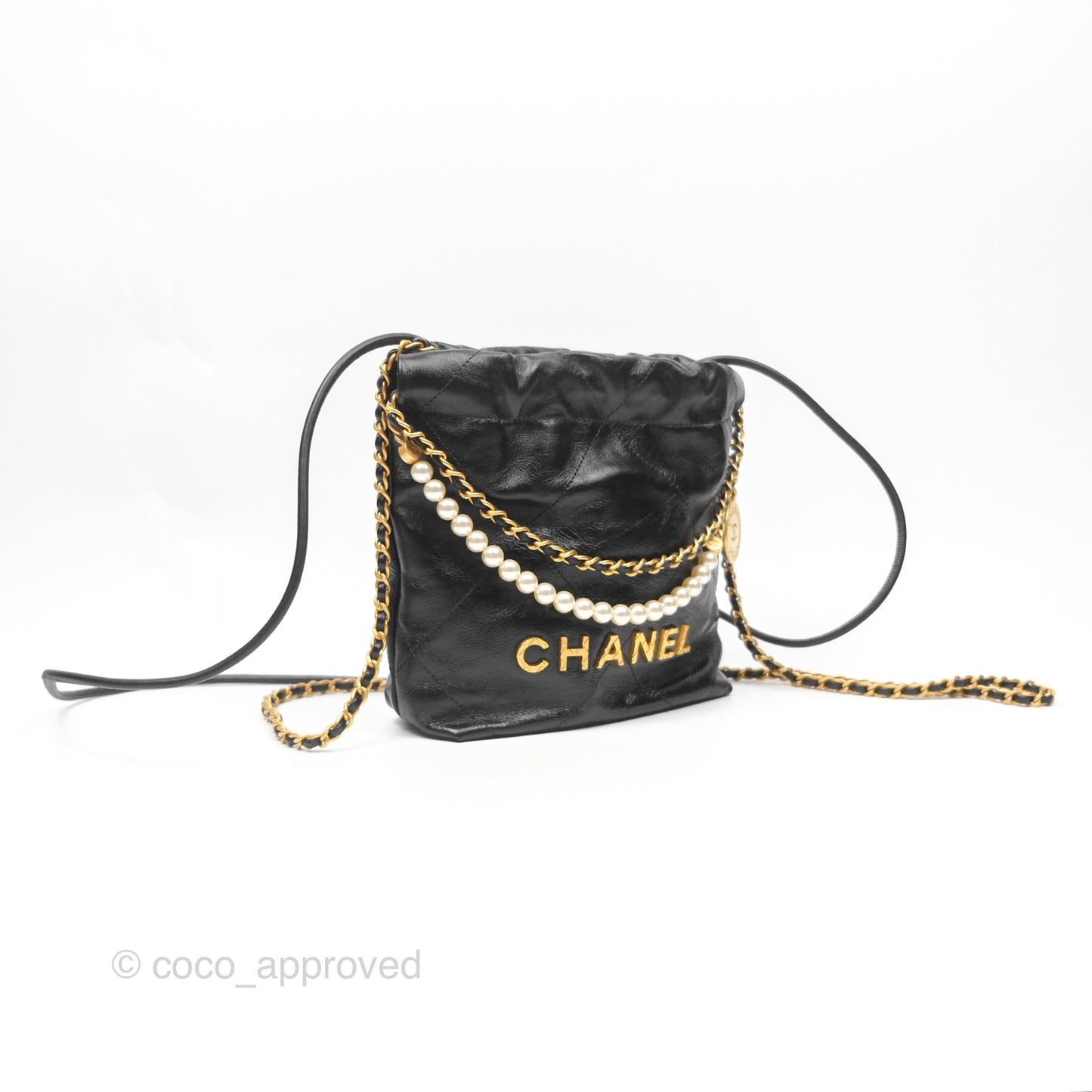 Chanel 22 Quilted Logo Mini Bag with Pearl Chain Black Shiny Crumpled Calfskin