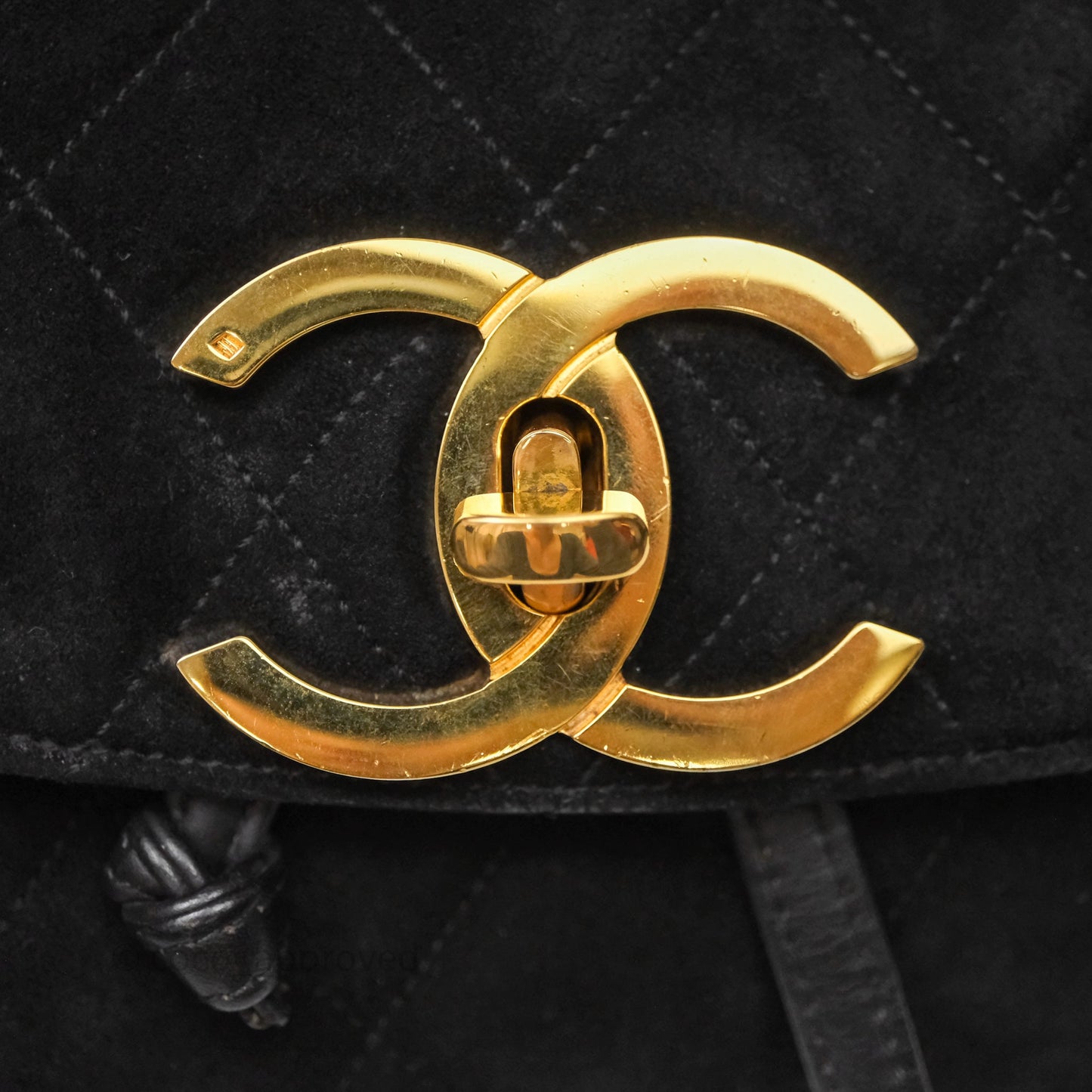 Chanel Vintage Quilted Suede CC Backpack Black Gold Hardware