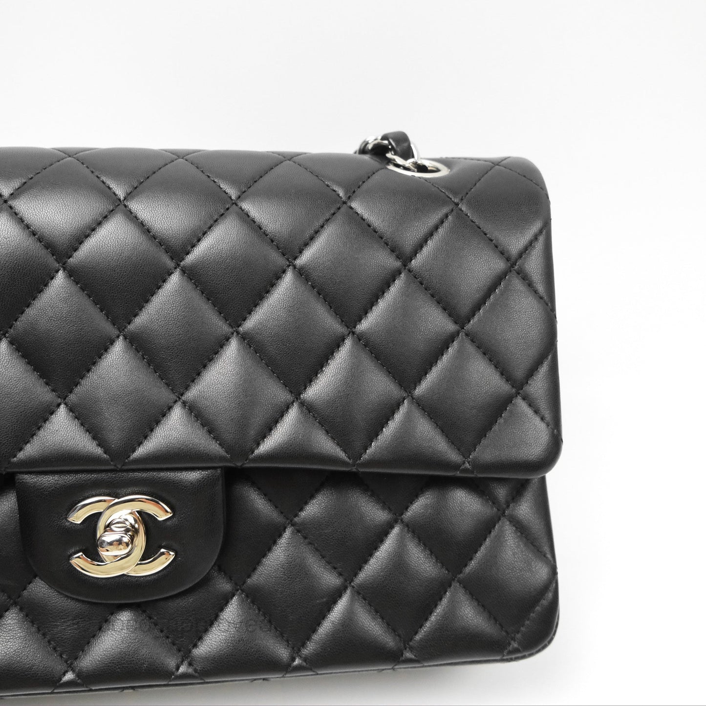 Chanel Classic M/L Medium Flap Quilted Black Lambskin Silver Hardware