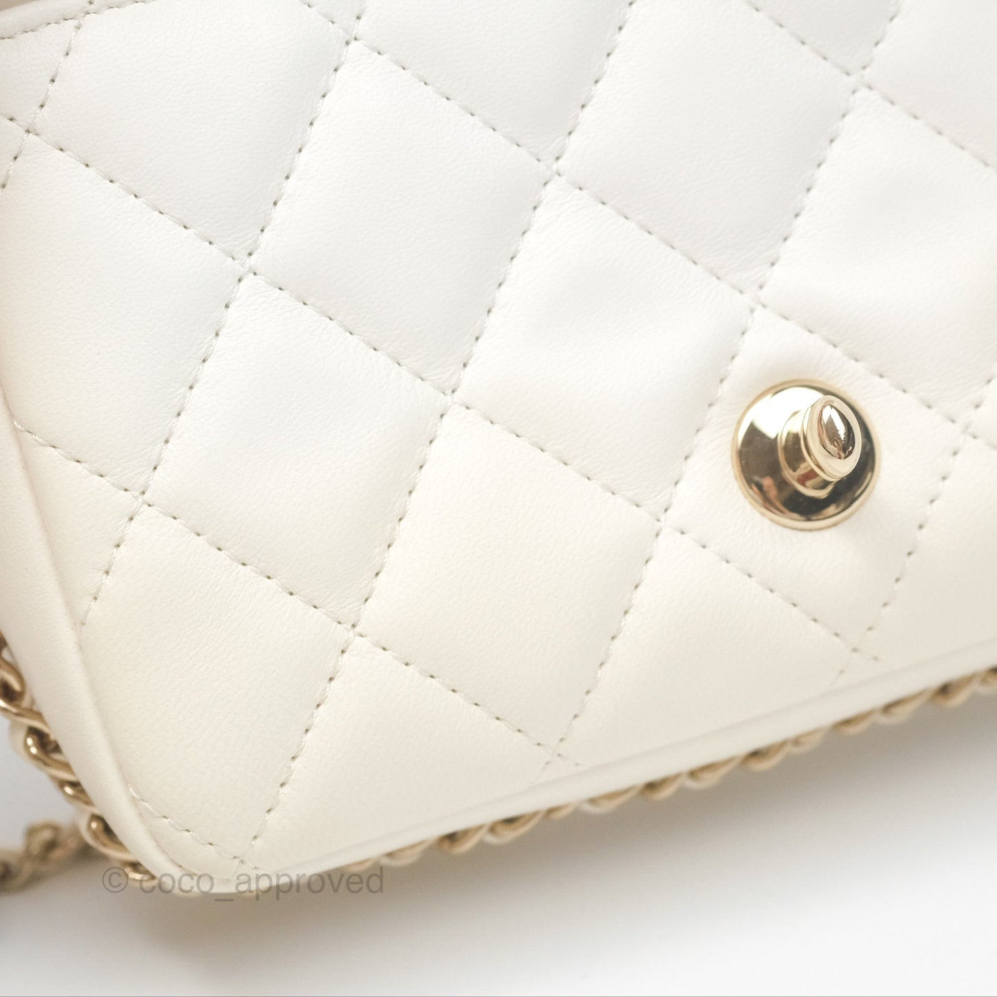 Chanel Small Logo Pearl Chain Flap Bag White Lambskin Gold Hardware