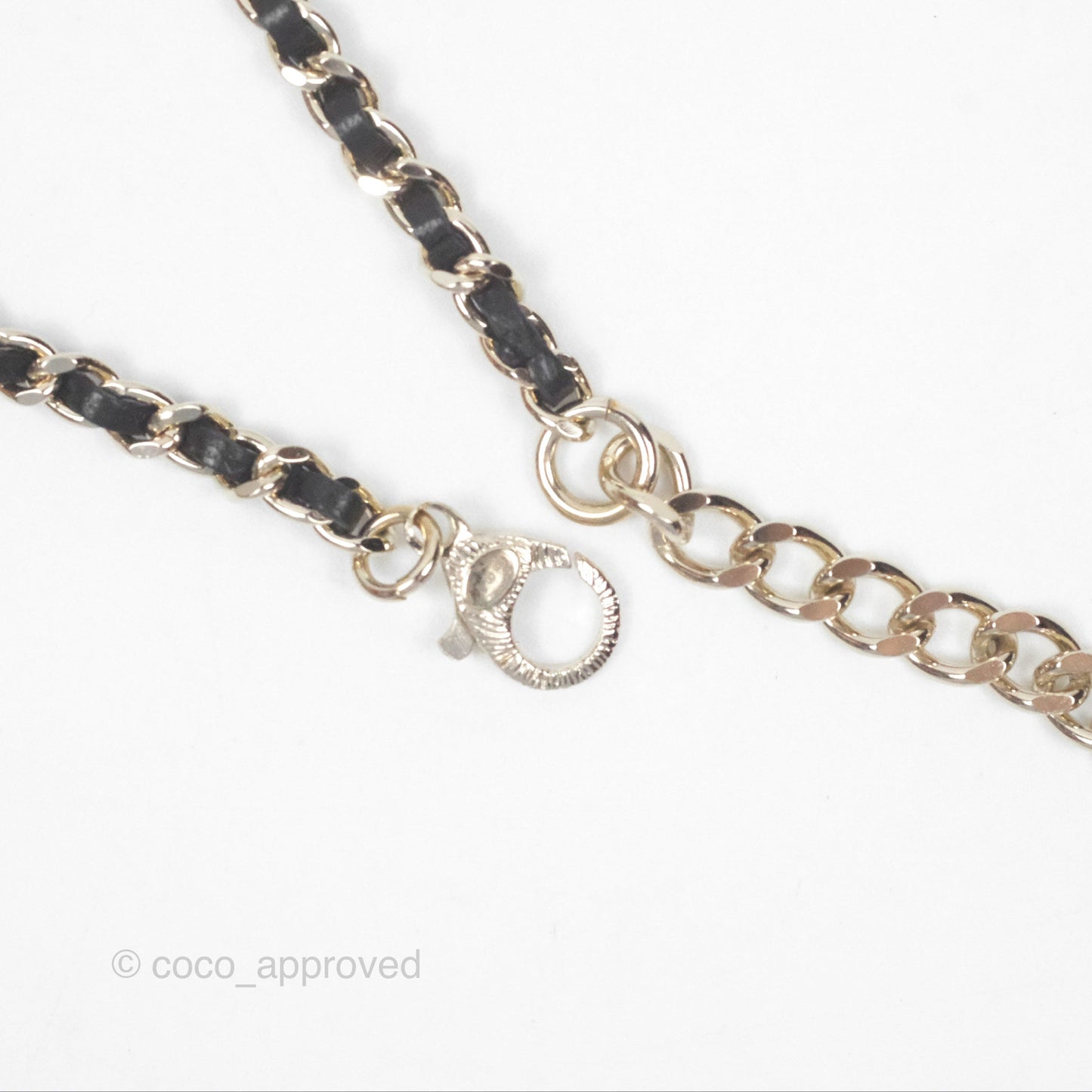 Chanel Crystal CC Pearl Braided Black Leather Drop Necklace Gold Tone 21B