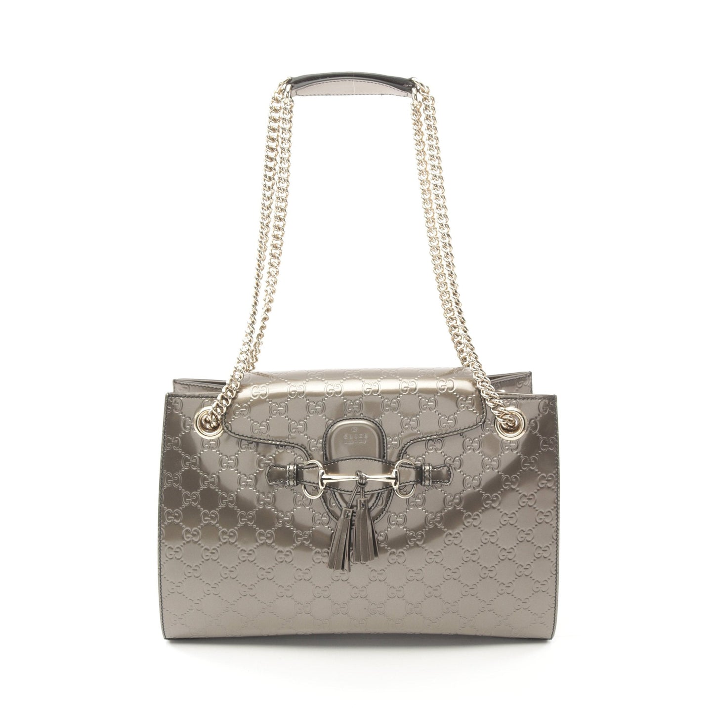 Luxury Gucci Trending 2025 EMILY Emily Luxury Gucci Trending 2025 sima Horsebit Chain shoulder bag Patent leather Silver Tassel
