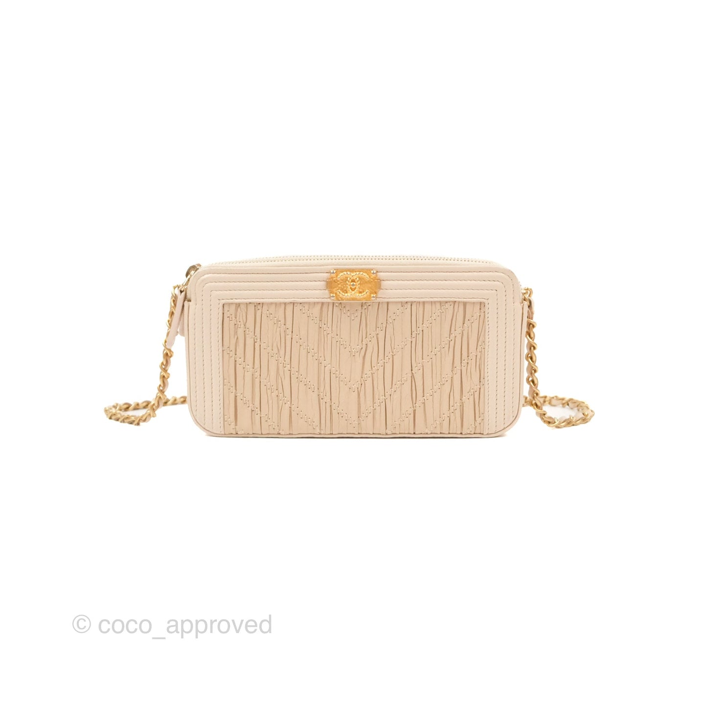 Chanel Boy Double Zip Clutch On Chain Chevron Pale Beige Aged Gold Hardware