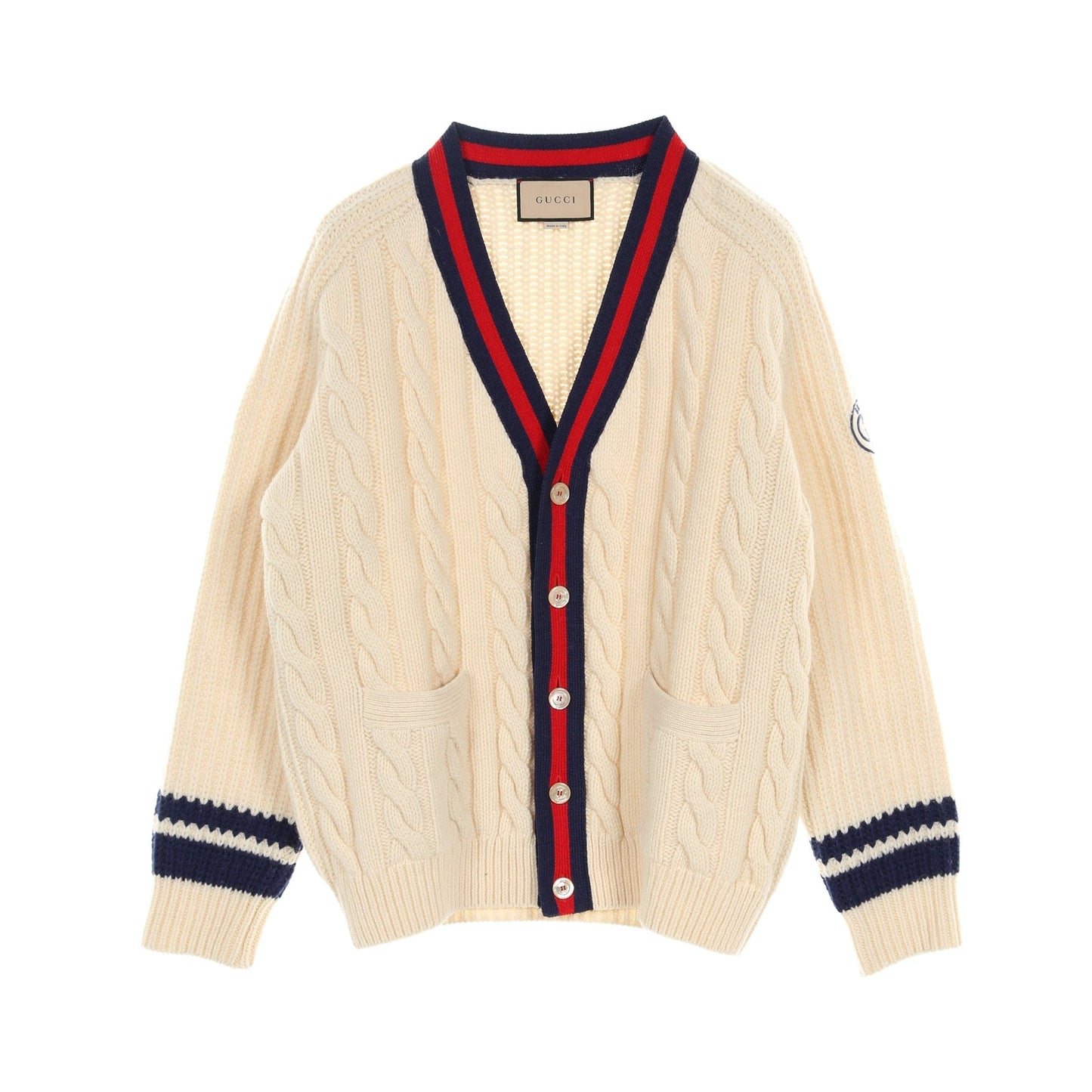 Luxury Gucci Trending 2025 Web stripe Cable Cardigan Wool Ivory Navy Red