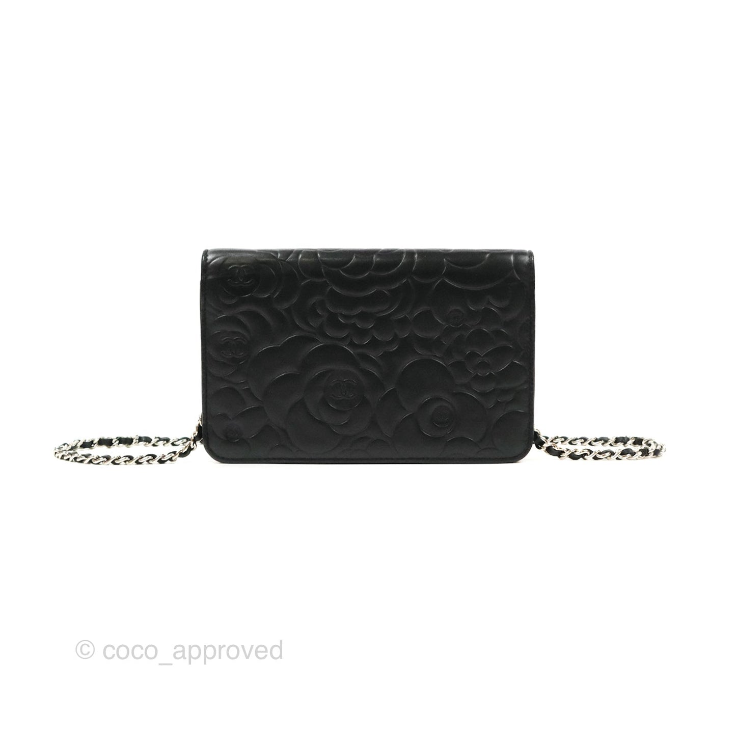 Chanel Camellia Embossed Wallet on Chain WOC Black Lambskin Silver Hardware