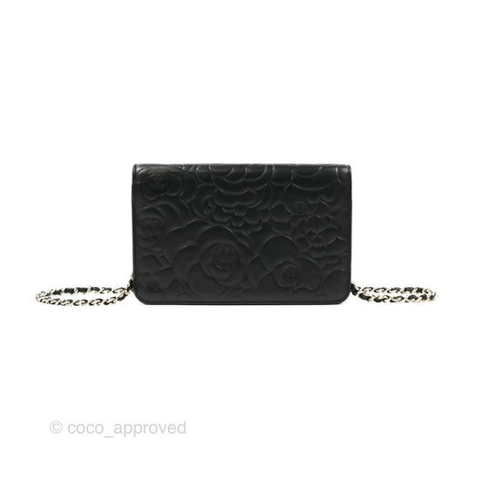 Chanel Camellia Embossed Wallet on Chain WOC Black Lambskin Silver Hardware