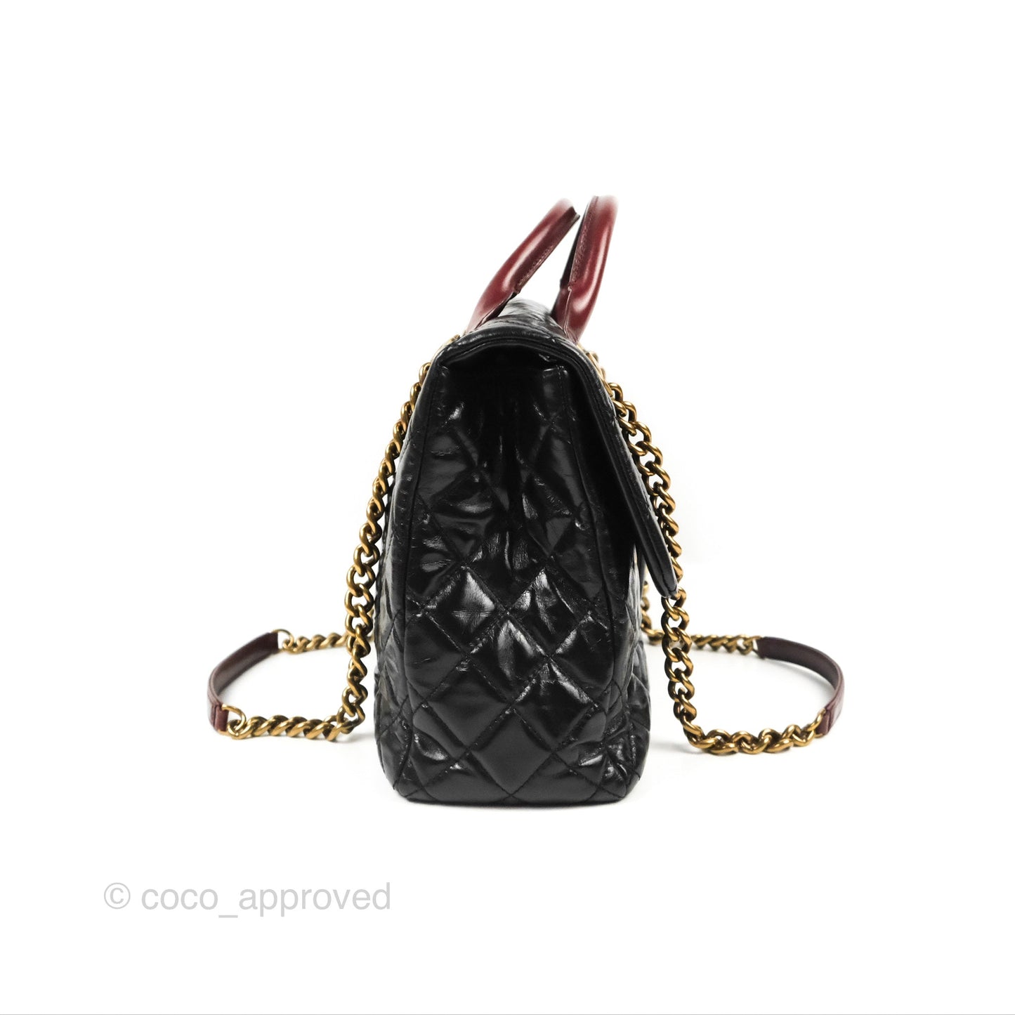 Chanel Large Castle Rock Flap Bag Black Glazed Aged Calfskin Burgundy Handle