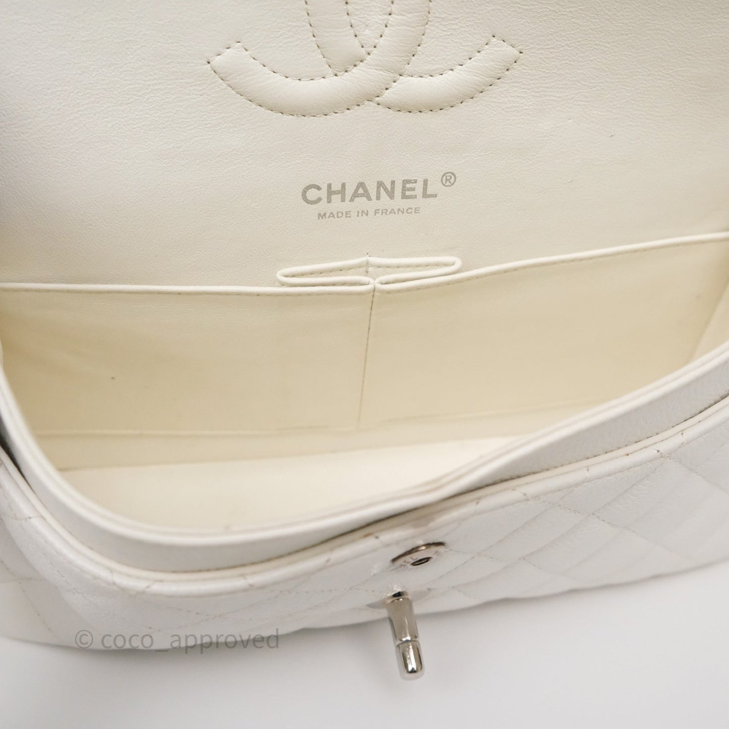 Chanel M/L Medium Classic Flap Quilted White Caviar Silver Hardware