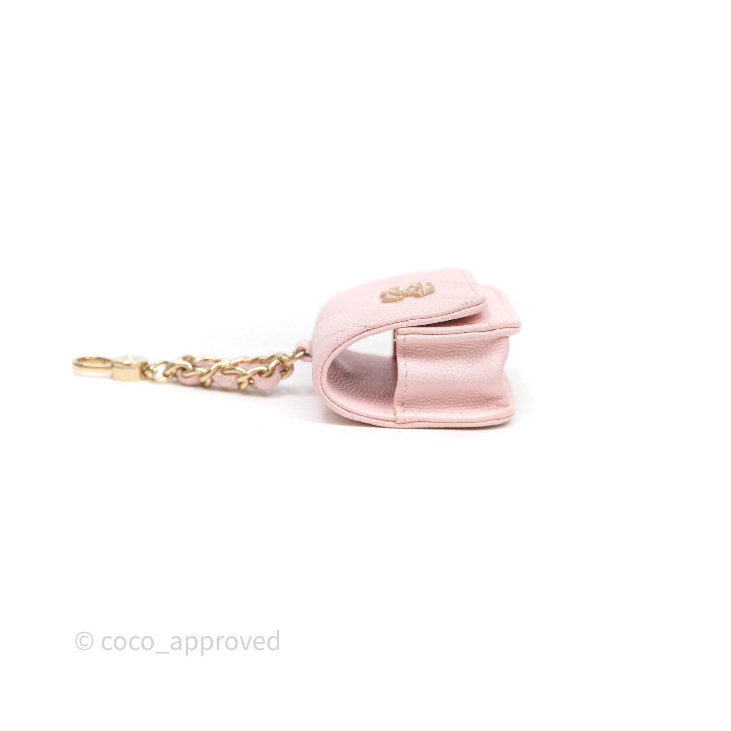 Chanel Quilted Crystal CC Pink Caviar Airpods Phone Case With Chain Light Gold Hardware