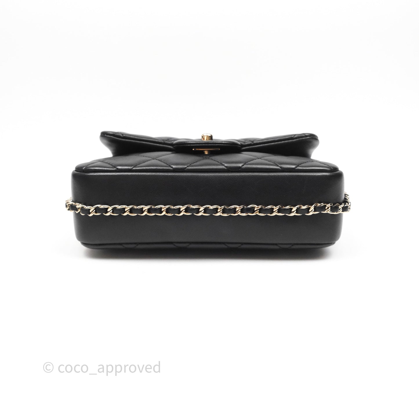 Chanel Logo Pearl Chain Flap Bag Black Lambskin Gold Hardware