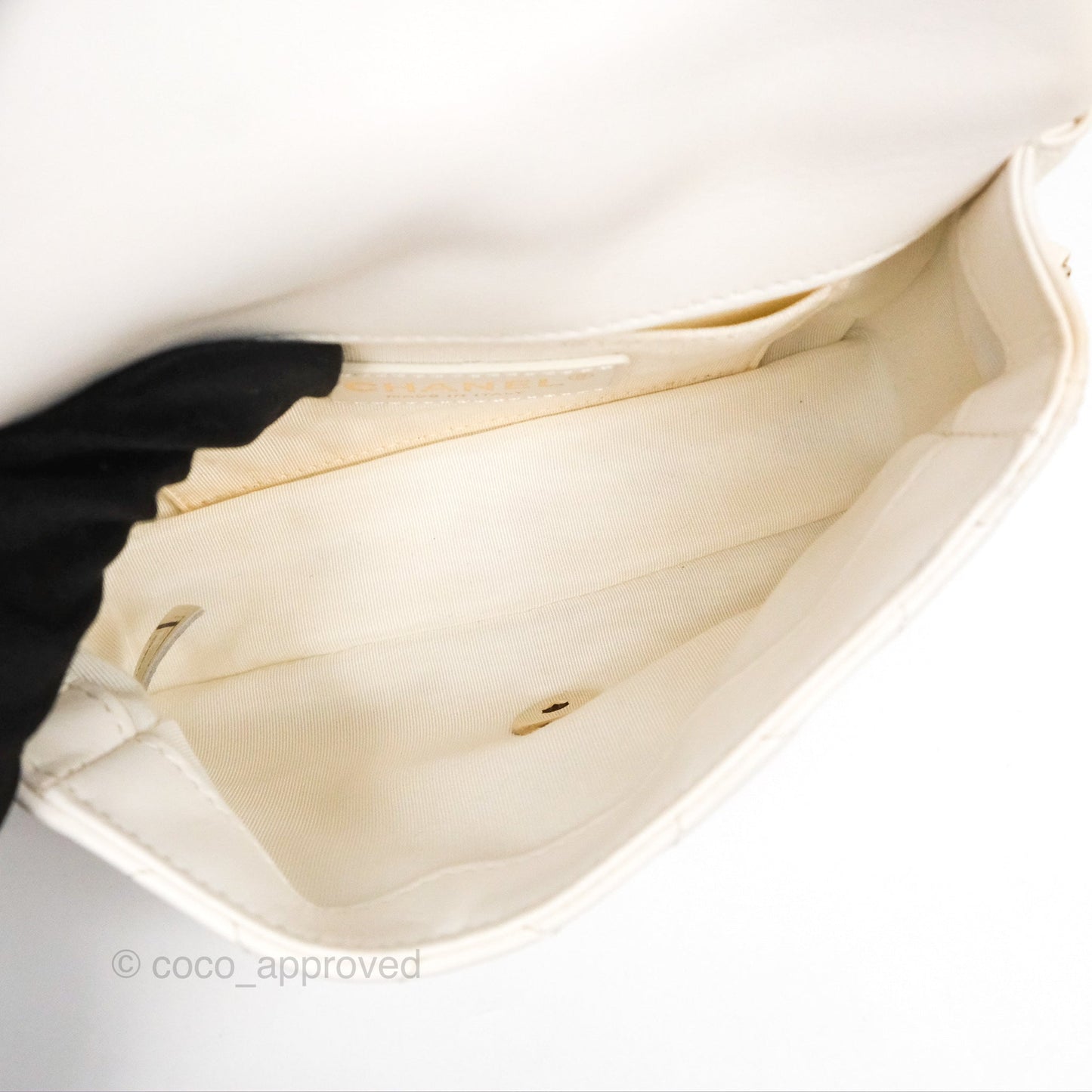 Chanel Small Logo Pearl Chain Flap Bag White Lambskin Gold Hardware