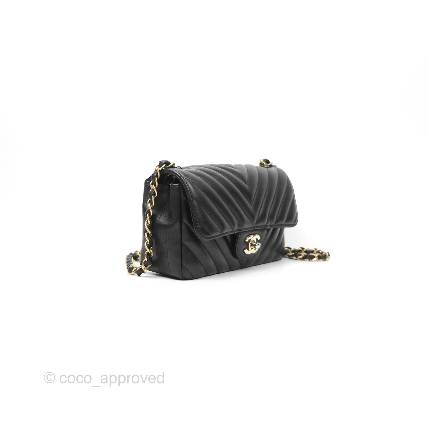 Chanel Chevron Mini Rectangular Black Lambskin Aged Gold Hardware