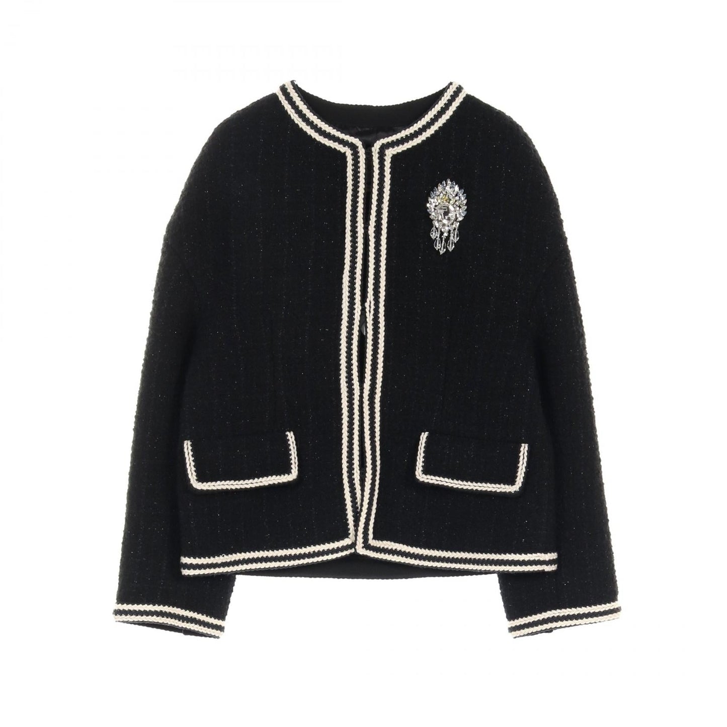 Luxury Gucci Trending 2025 Tweed No-collar jacket Wool Black White Comes with a jeweled brooch 24SS