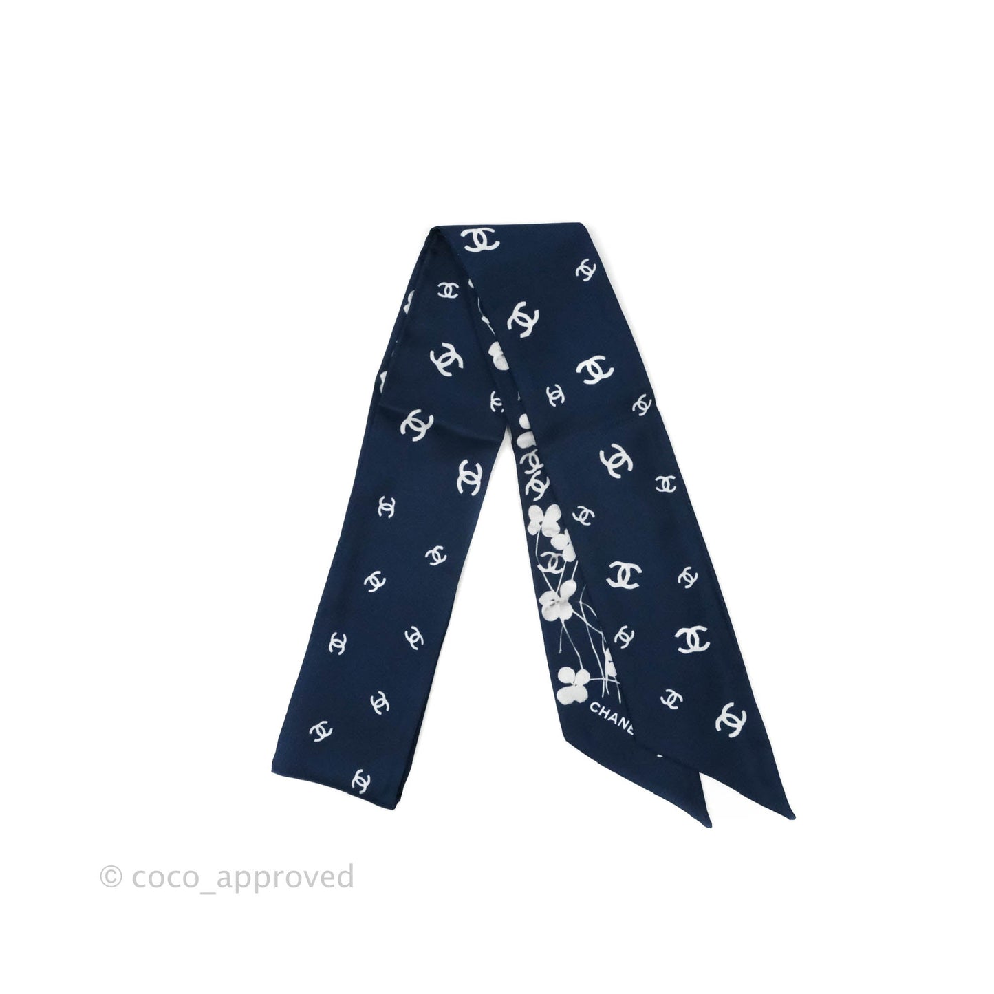 Chanel CC Flora Print Silk Twilly in Navy White
