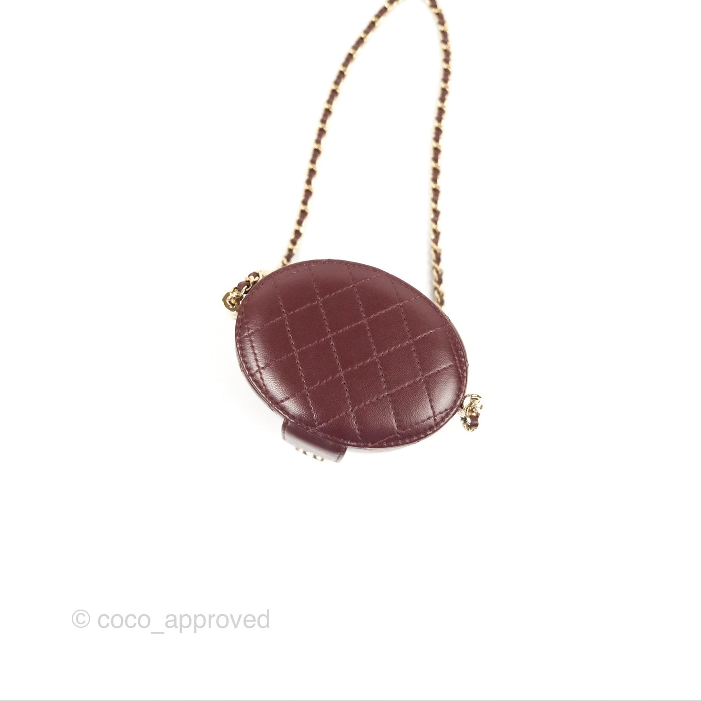 Chanel Quilted Round Vanity Clutch With Chain Burgundy Lambskin Gold Hardware