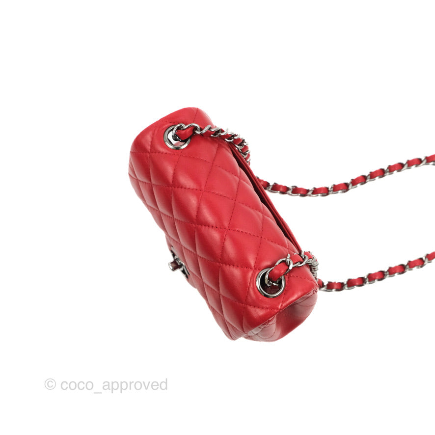 Chanel Quilted Mini Square Red Lambskin Gun Metal