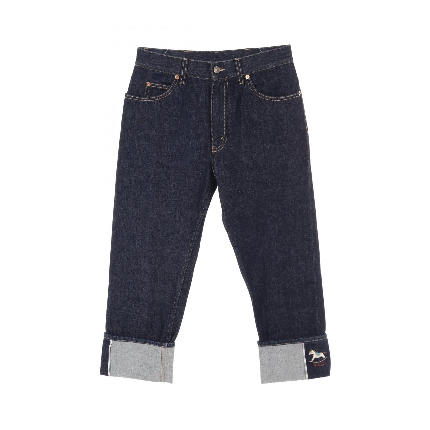 Luxury Gucci Trending 2025 Denim pants Horse embroidery at hem Cotton Indigo blue With fold