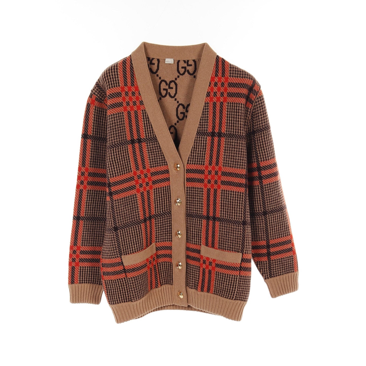 Luxury Gucci Trending 2025 GG pattern Cardigan Glen check Wool Light brown Dark brown Orange Reversible