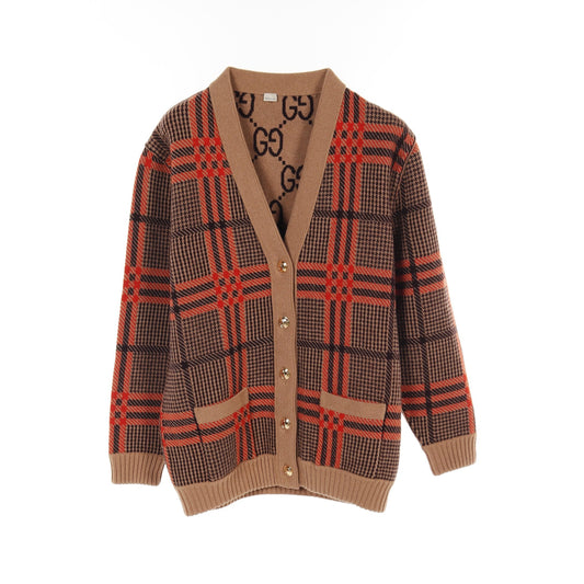 Luxury Gucci Trending 2025 GG pattern Cardigan Glen check Wool Light brown Dark brown Orange Reversible