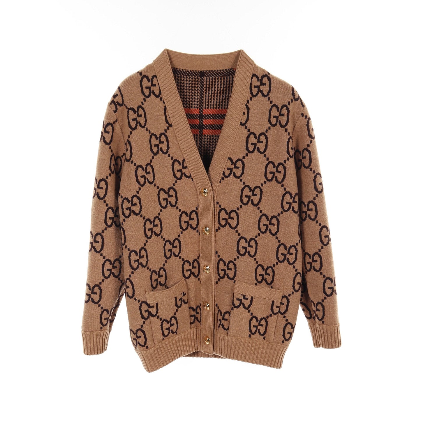 Luxury Gucci Trending 2025 GG pattern Cardigan Glen check Wool Light brown Dark brown Orange Reversible