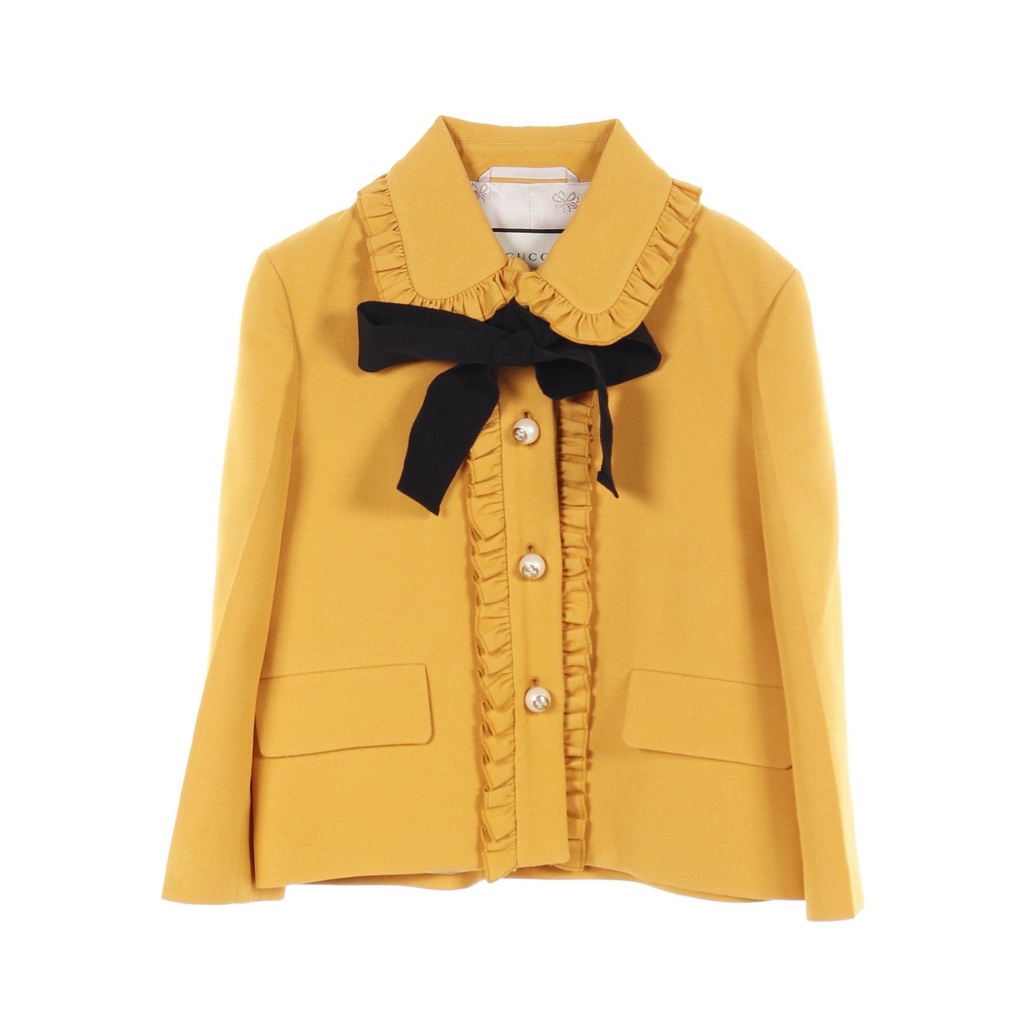 Luxury Gucci Trending 2025 Interlocking G Pearl Button Jacket Bowtie Silk Wool Yellow Frill