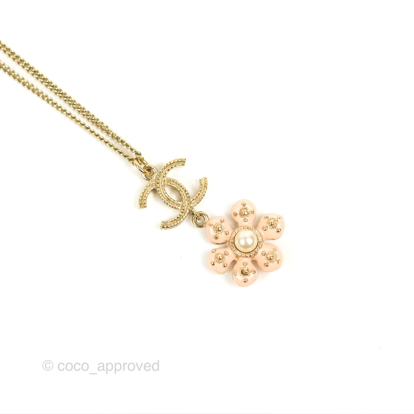 Chanel CC Pearl Light Pink Flower Pendant Necklace Gold Tone 18C