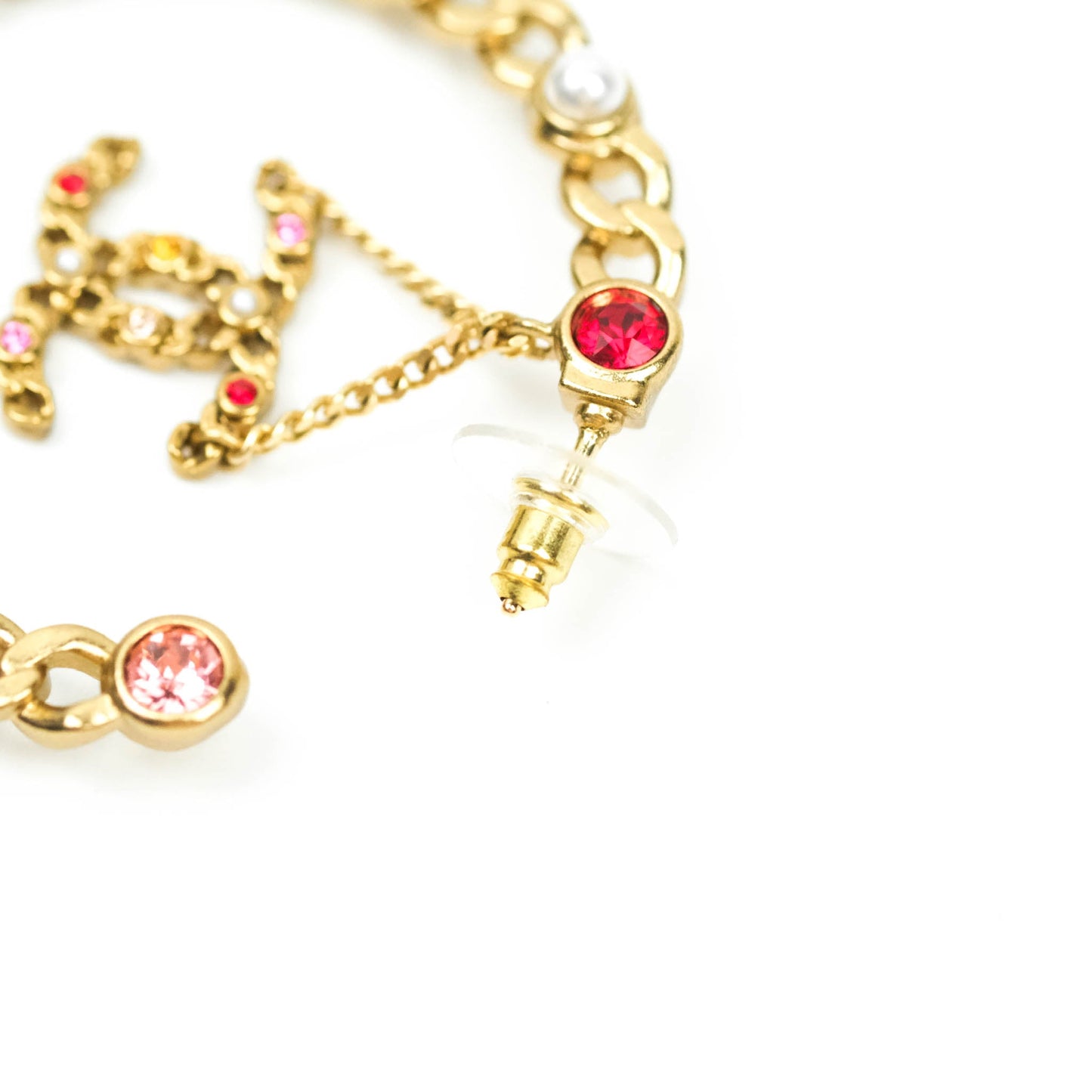 Chanel CC Pearl Rhinestone Hoop Earrings Gold Tone 21P
