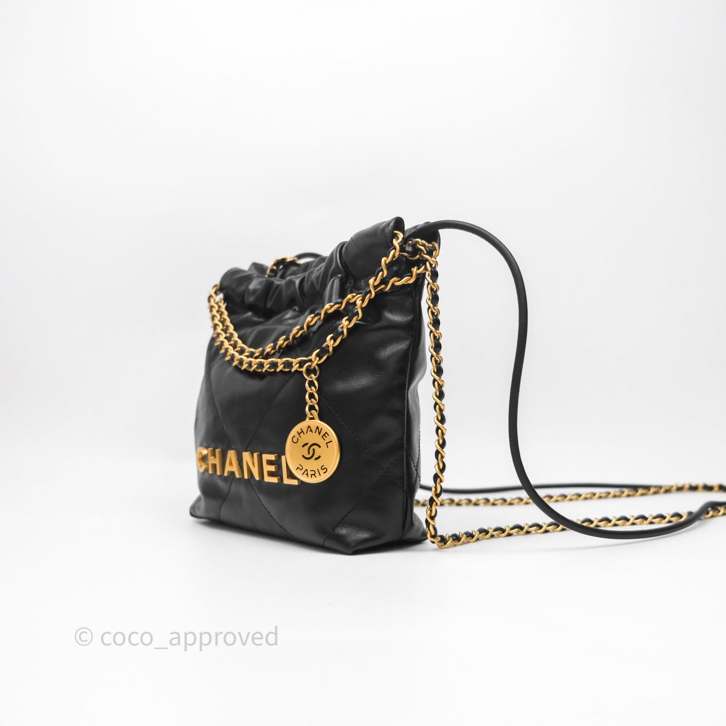 Chanel 22 Mini Bag Black Shiny Crumpled Calfskin Aged Gold Hardware