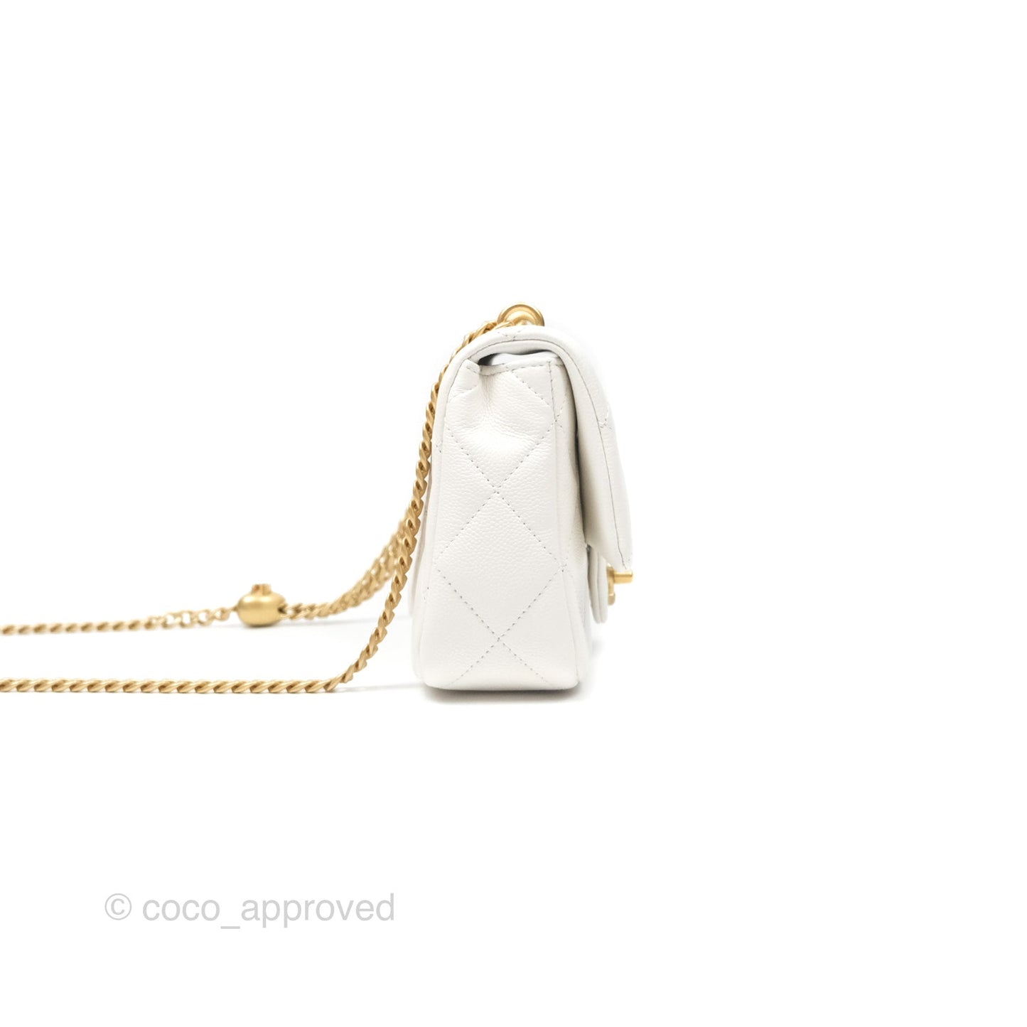 Chanel Mini Flap Bag Heart Adjustable Chain White Caviar Aged Gold Hardware