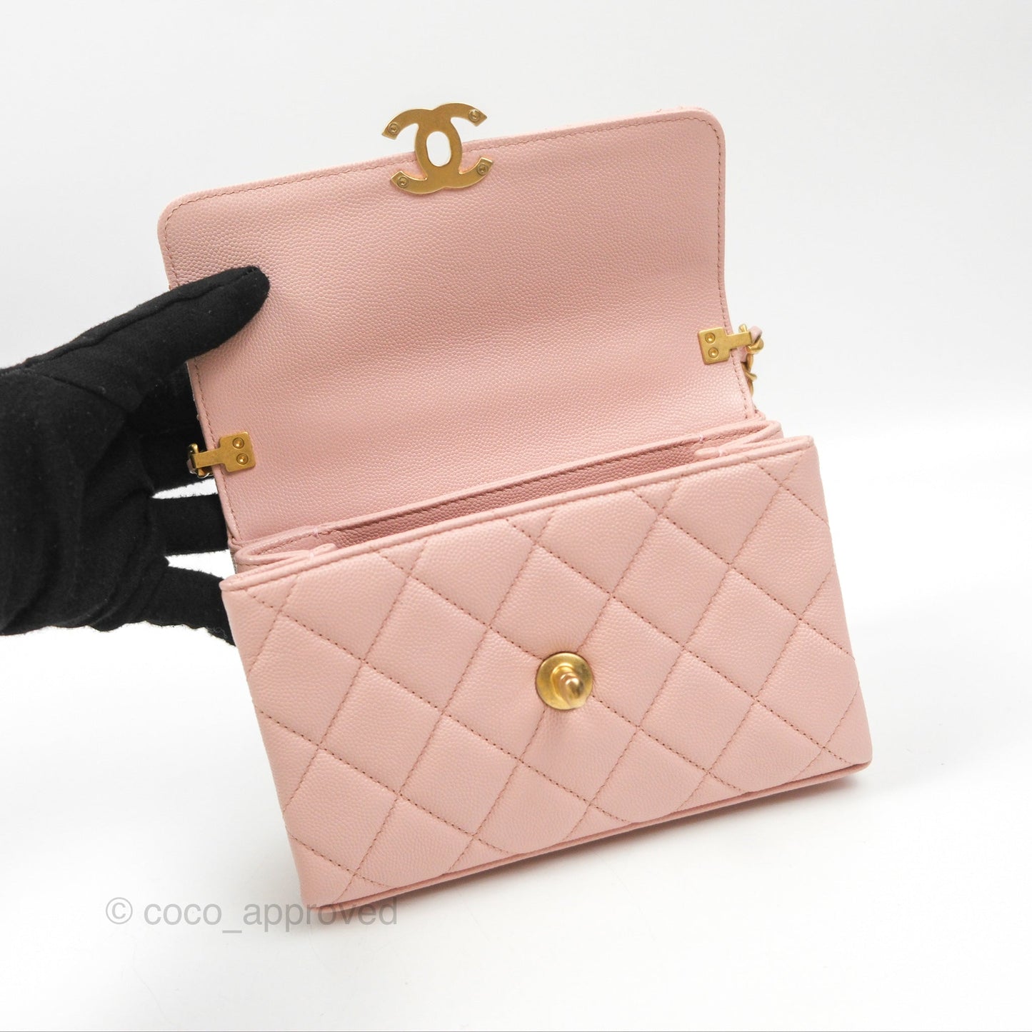 Chanel Carry Me Top Handle Flap Bag Pink Caviar Aged Gold Hardware 23S