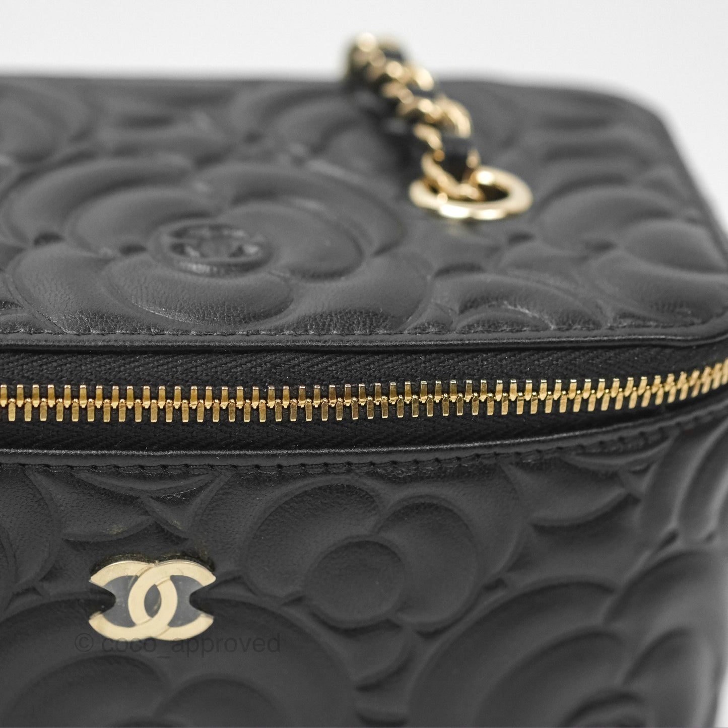 Chanel Vanity Rectangular Camellia Embossed Black Lambskin Gold Hardware 21S